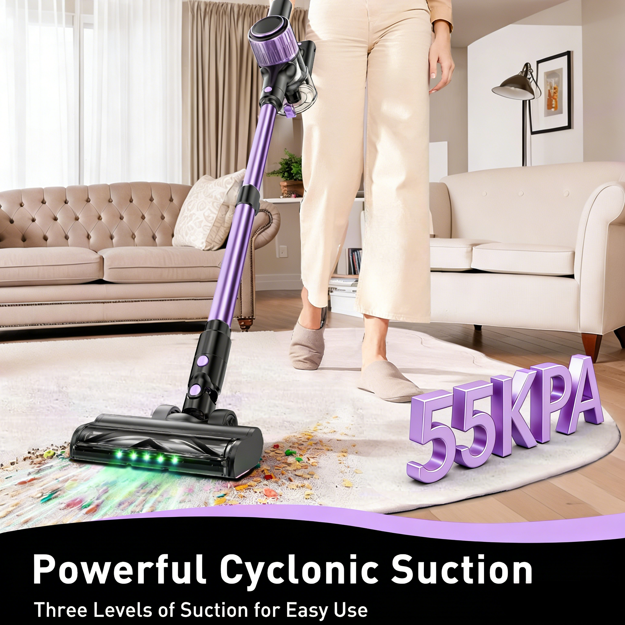 Cordless Vacuum Cleaner, 10 in 1 Stick Vacuum with Powerful Suction, Hose, Green LED Light, Anti-Tangle Brush, 55Kpa Lightweight Rechargeable Vacuum Cleaner for Home, Hardwood Floors, Carpets, Pet Hair.