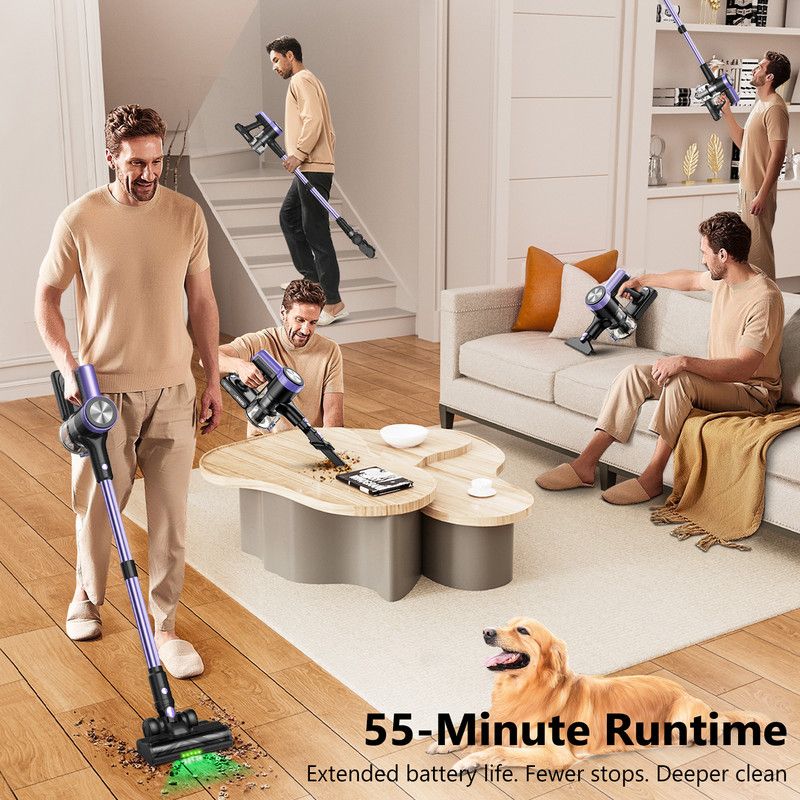 Cordless Vacuum Cleaner, 55Kpa/55mins Self-Standing Powerful Stick Lightweight Vacuum Cleaner for Home Pet Hair/Hard Floor/Carpet。