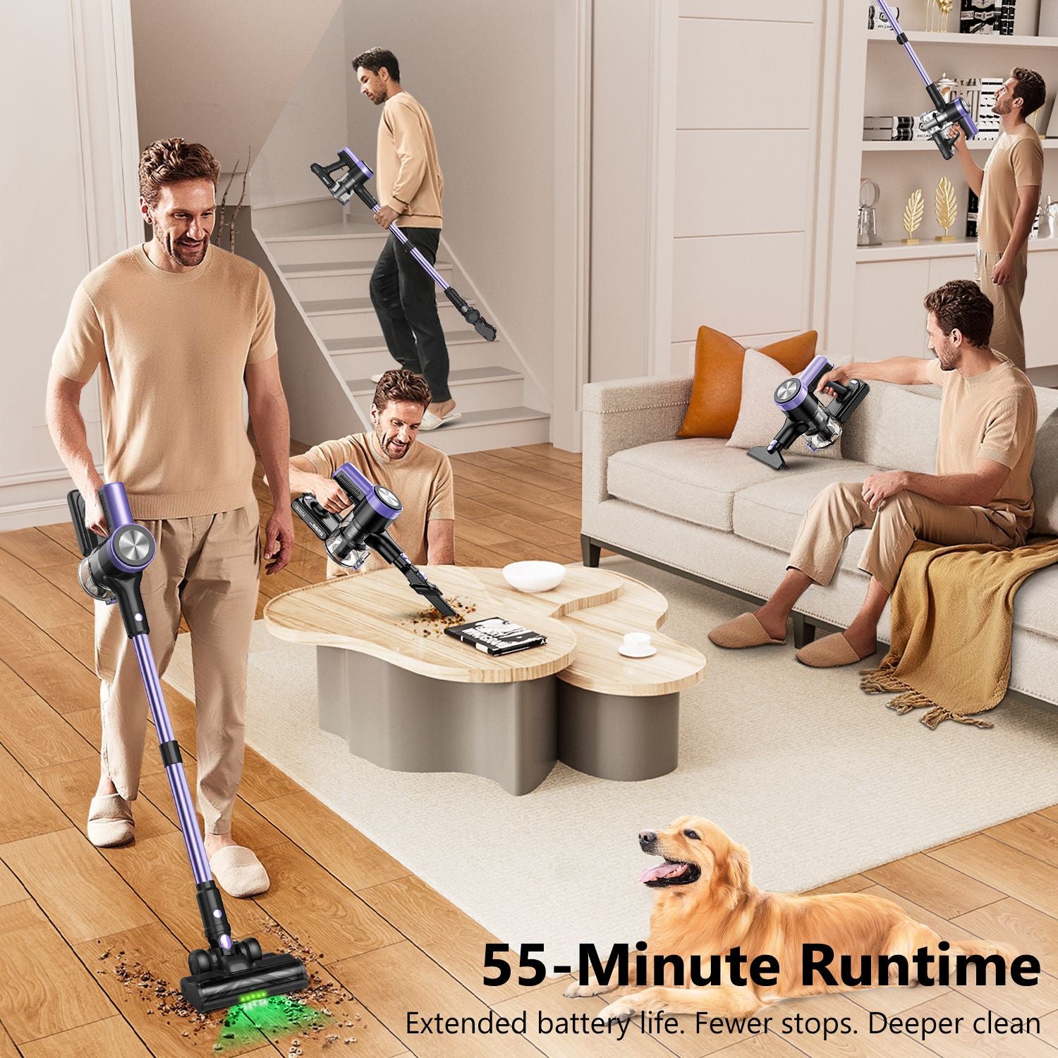 Cordless Vacuum Cleaner, 55Kpa/55mins Self-Standing Powerful Stick Lightweight Vacuum Cleaner for Home Pet Hair/Hard Floor/Carpet。