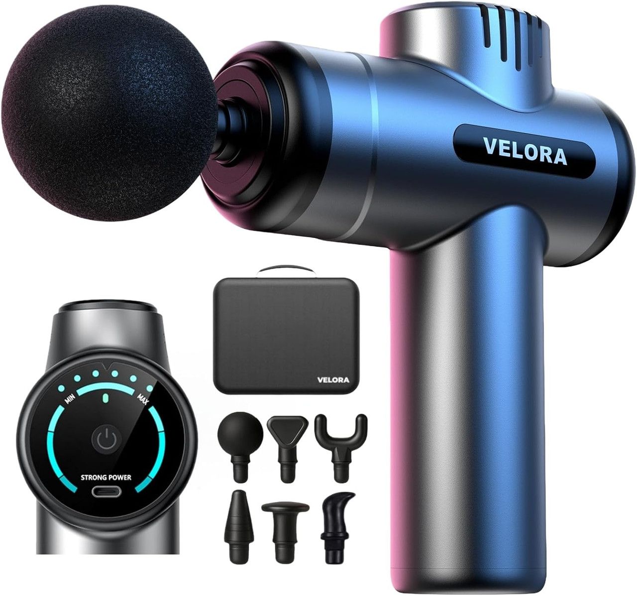 VELORA Mini Massage Gun - Deep Tissue Percussion Massager for Neck Back Shoulder Leg Foot - 6 Heads USB-C Rechargeable - Grey