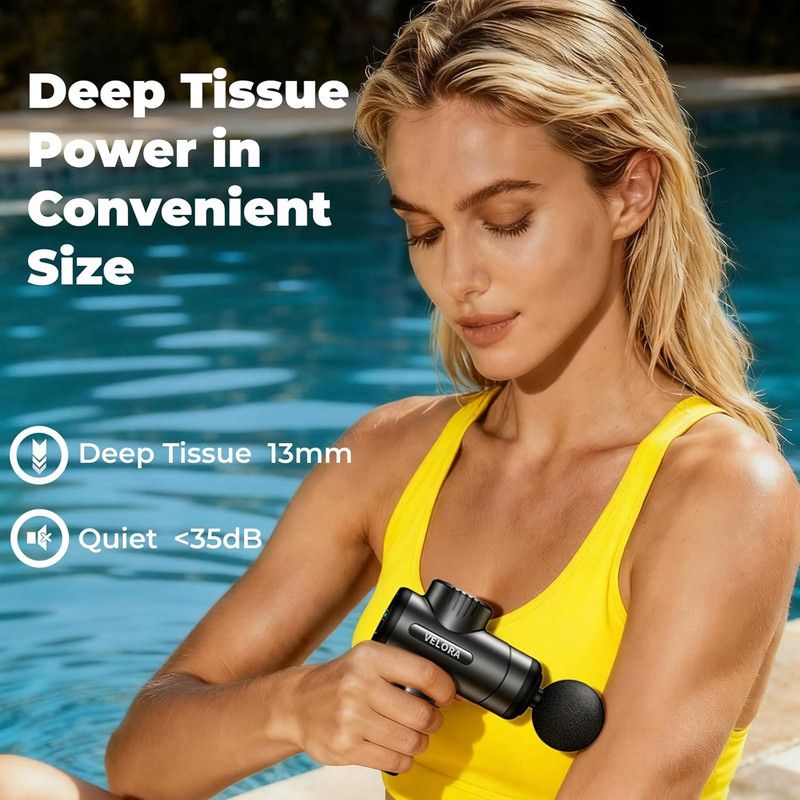 VELORA Mini Massage Gun - Deep Tissue Percussion Massager for Neck Back Shoulder Leg Foot - 6 Heads USB-C Rechargeable - Grey