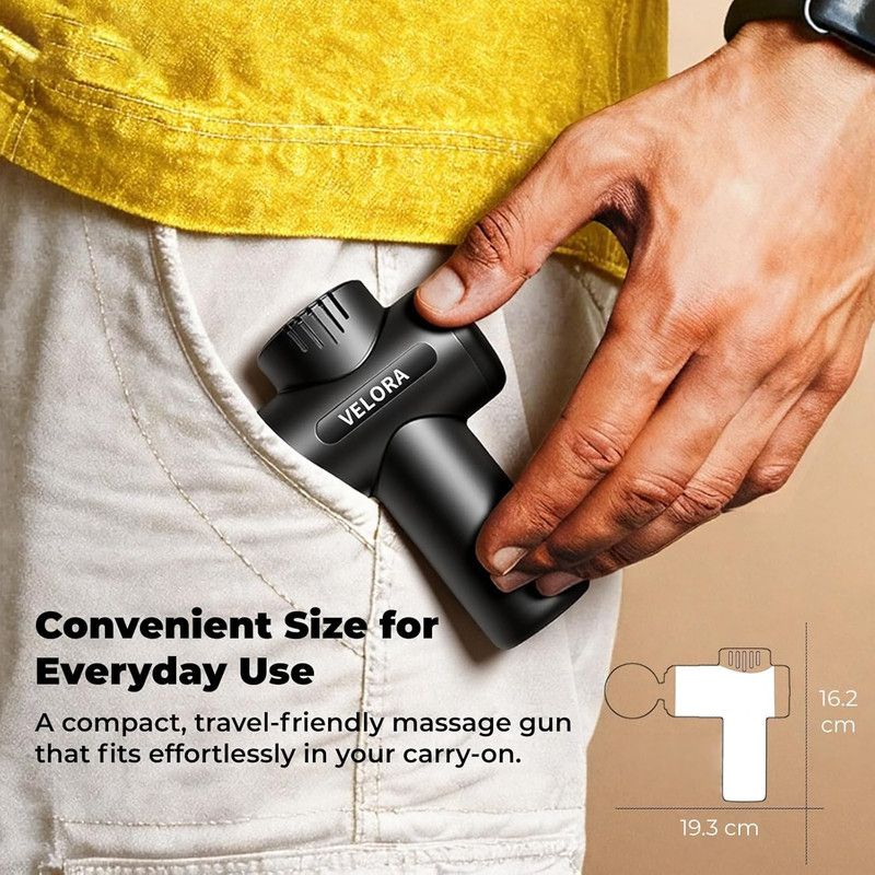 VELORA Mini Massage Gun - Deep Tissue Percussion Massager for Neck Back Shoulder Leg Foot - 6 Heads USB-C Rechargeable - Grey