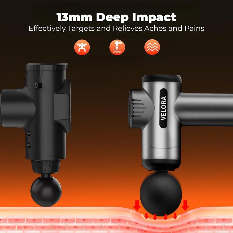VELORA Mini Massage Gun - Deep Tissue Percussion Massager for Neck Back Shoulder Leg Foot - 6 Heads USB-C Rechargeable - Grey