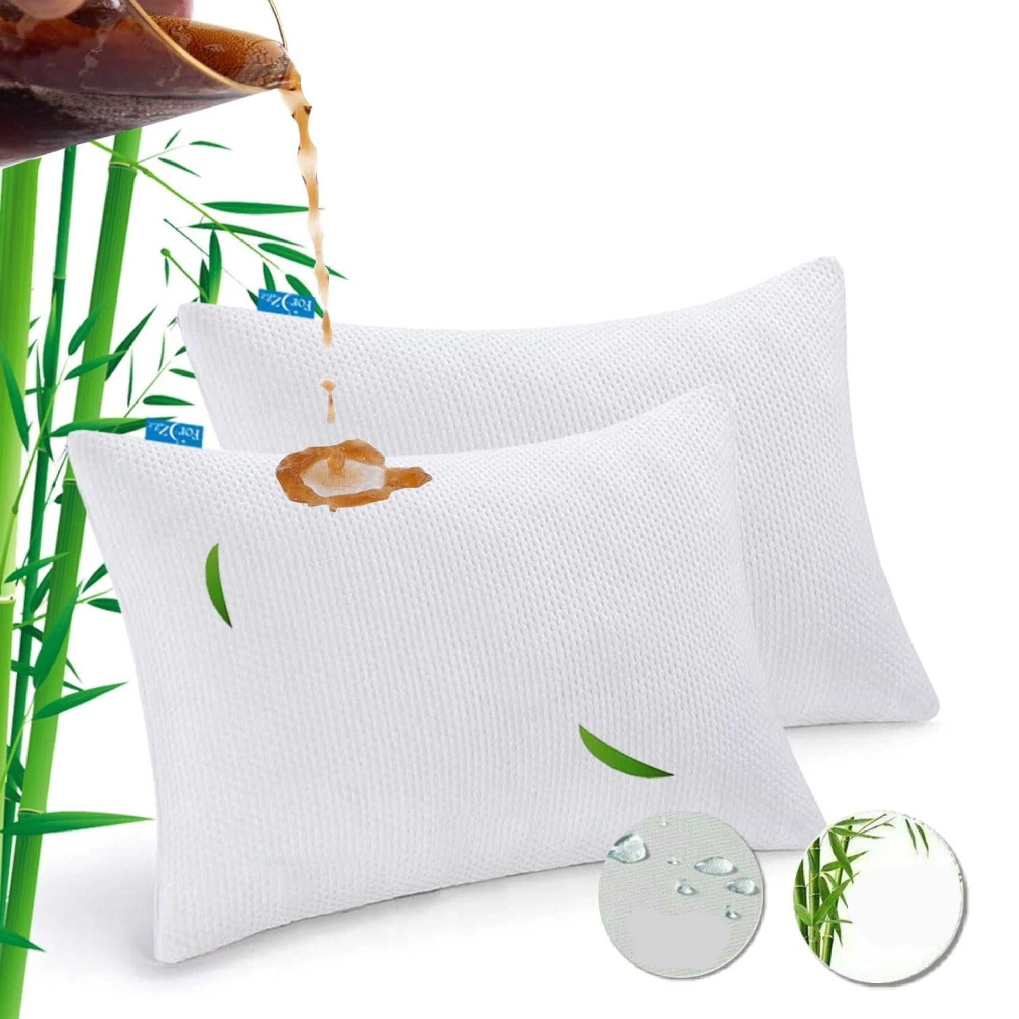 2 Pack Bamboo Waterproof Pillow Protectors 48x74cm Zippered White