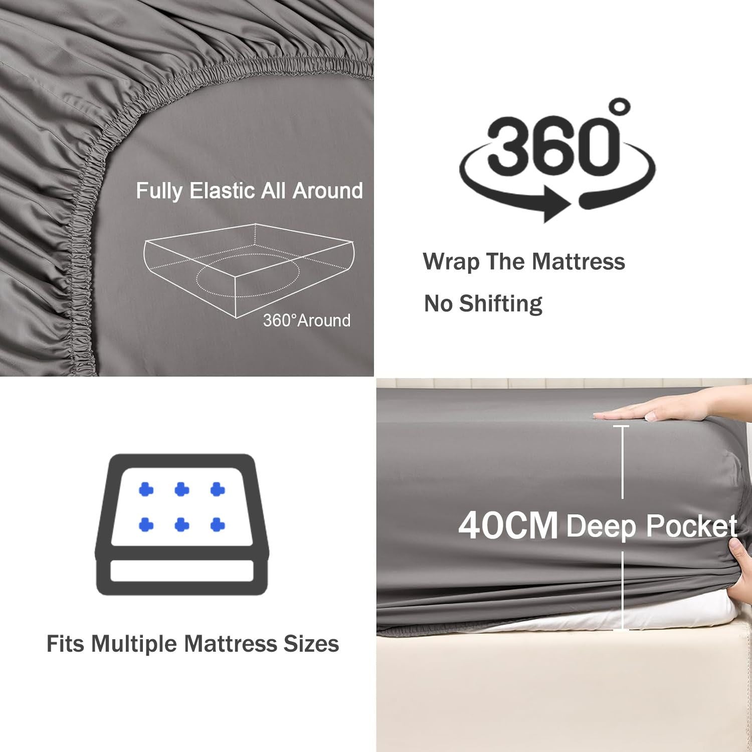 3 Piece Fitted Sheet Set- Fitted Sheet & Pillowcases -Breathable Bedding - Wrinkle, Fade, Stain Resistant- 40cm Deep Pocket Fitted Bed Sheet Set(Grey,Double)