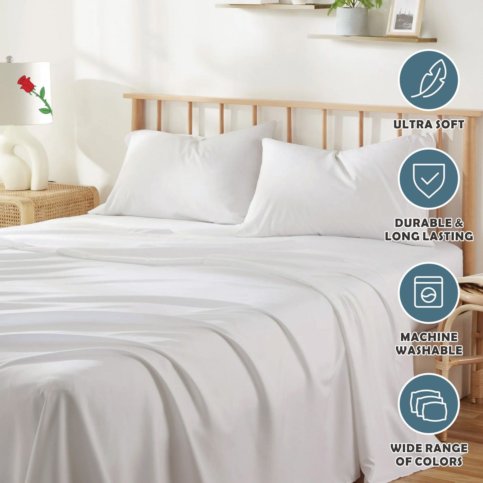 4 Piece Bed Sheet Set- Bedding Sheets & Pillowcases -Breathable Bedding - Wrinkle, Fade, Stain Resistant-Deep Pocket Flat Fitted Bed Sheet Set(White,Double)
