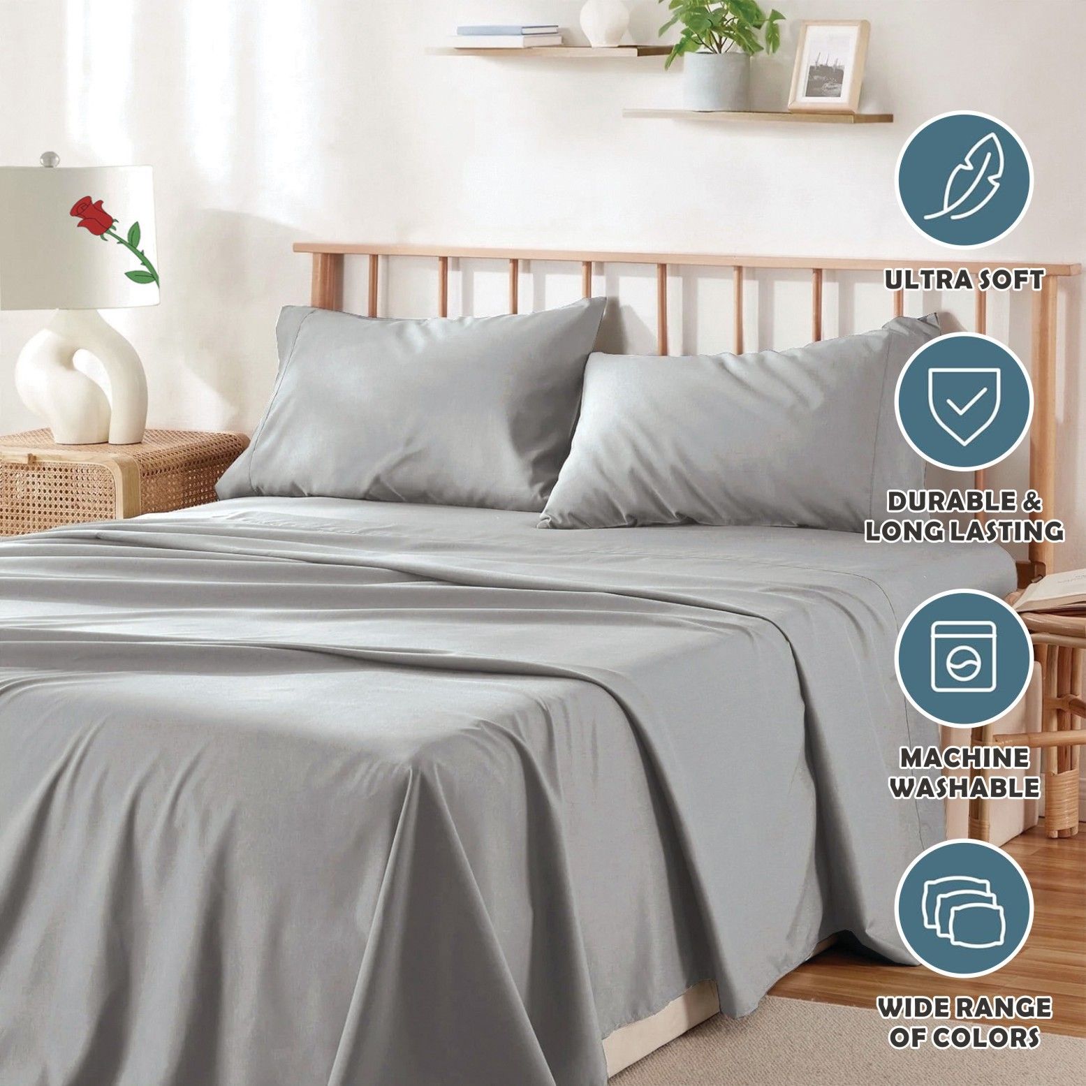 4 Piece Bed Sheet Set- Bedding Sheets & Pillowcases -Breathable Bedding - Wrinkle, Fade, Stain Resistant-Deep Pocket Flat Fitted Bed Sheet Set(Silver-gray,Double)