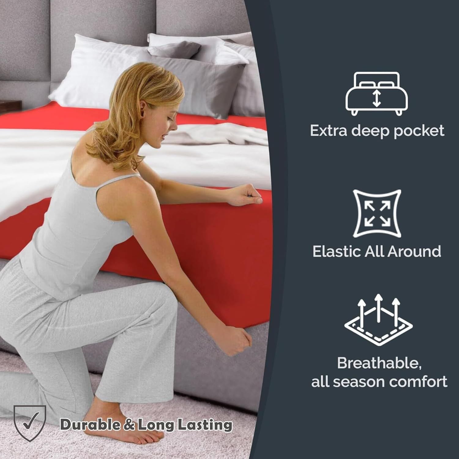 Hotel Quality Fitted Sheet - 1 Piece Fitted Sheet  -Breathable Bedding - Wrinkle, Fade, Stain Resistant- 16inch/40cm Deep Pocket Fitted Bed Sheet-Wrinkle and Fade Resistant,(Red,Double)