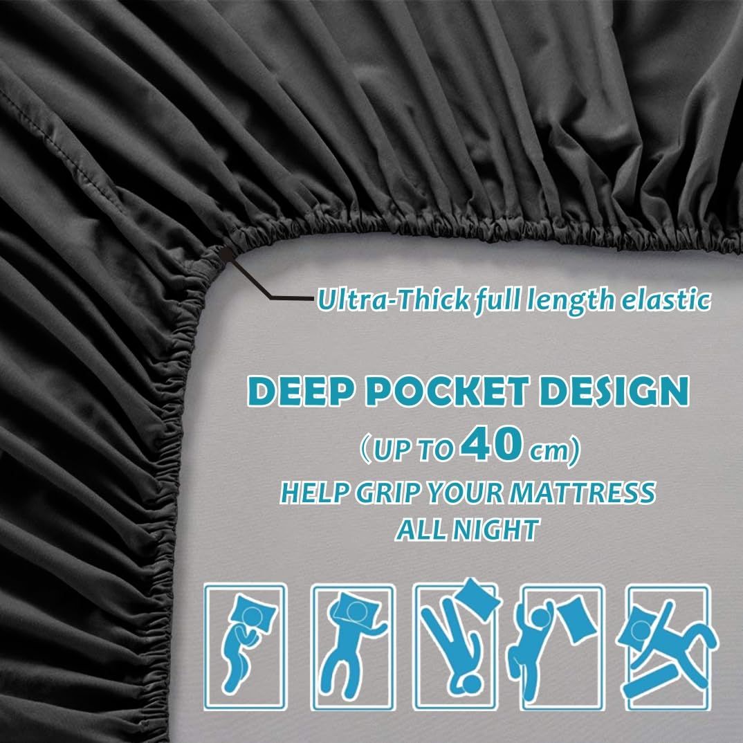 Hotel Quality Fitted Sheet - 1 Piece Fitted Sheet  -Breathable Bedding - Wrinkle, Fade, Stain Resistant- 16inch/40cm Deep Pocket Fitted Bed Sheet-Wrinkle and Fade Resistant,(Black,Double)