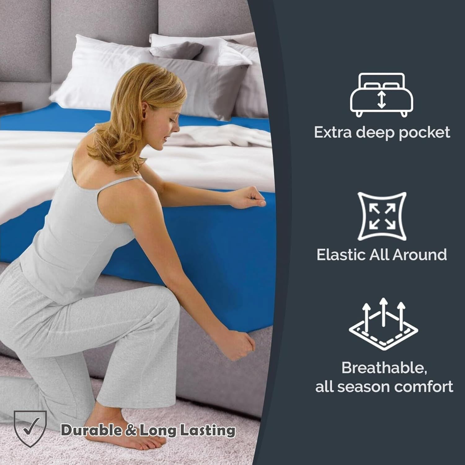 Hotel Quality Fitted Sheet - 1 Piece Fitted Sheet  -Breathable Bedding - Wrinkle, Fade, Stain Resistant- 16inch/40cm Deep Pocket Fitted Bed Sheet-Wrinkle and Fade Resistant,(Ocean,Double)