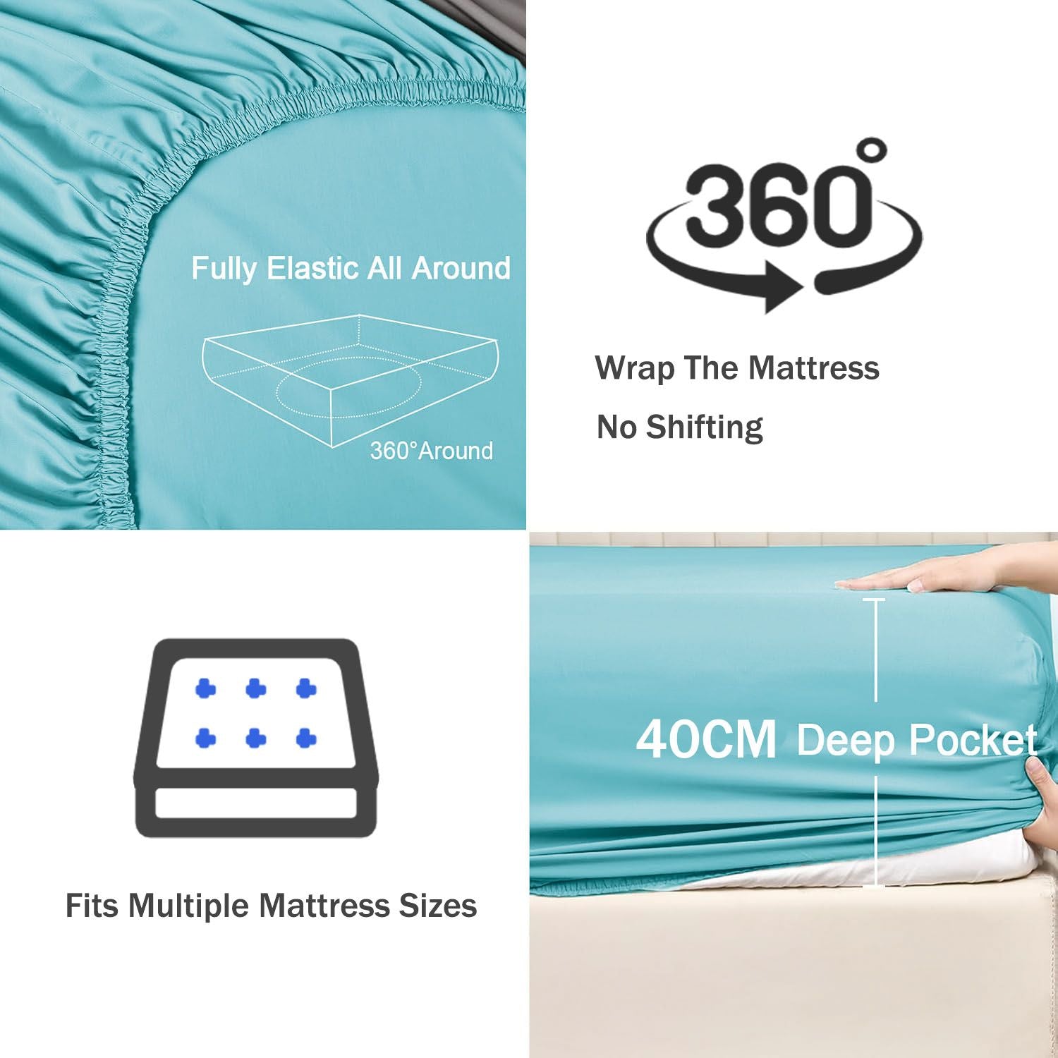 3 Piece Fitted Sheet Set- Fitted Sheet & Pillowcases -Breathable Bedding - Wrinkle, Fade, Stain Resistant- 40cm Deep Pocket Fitted Bed Sheet Set(Ice blue,King)
