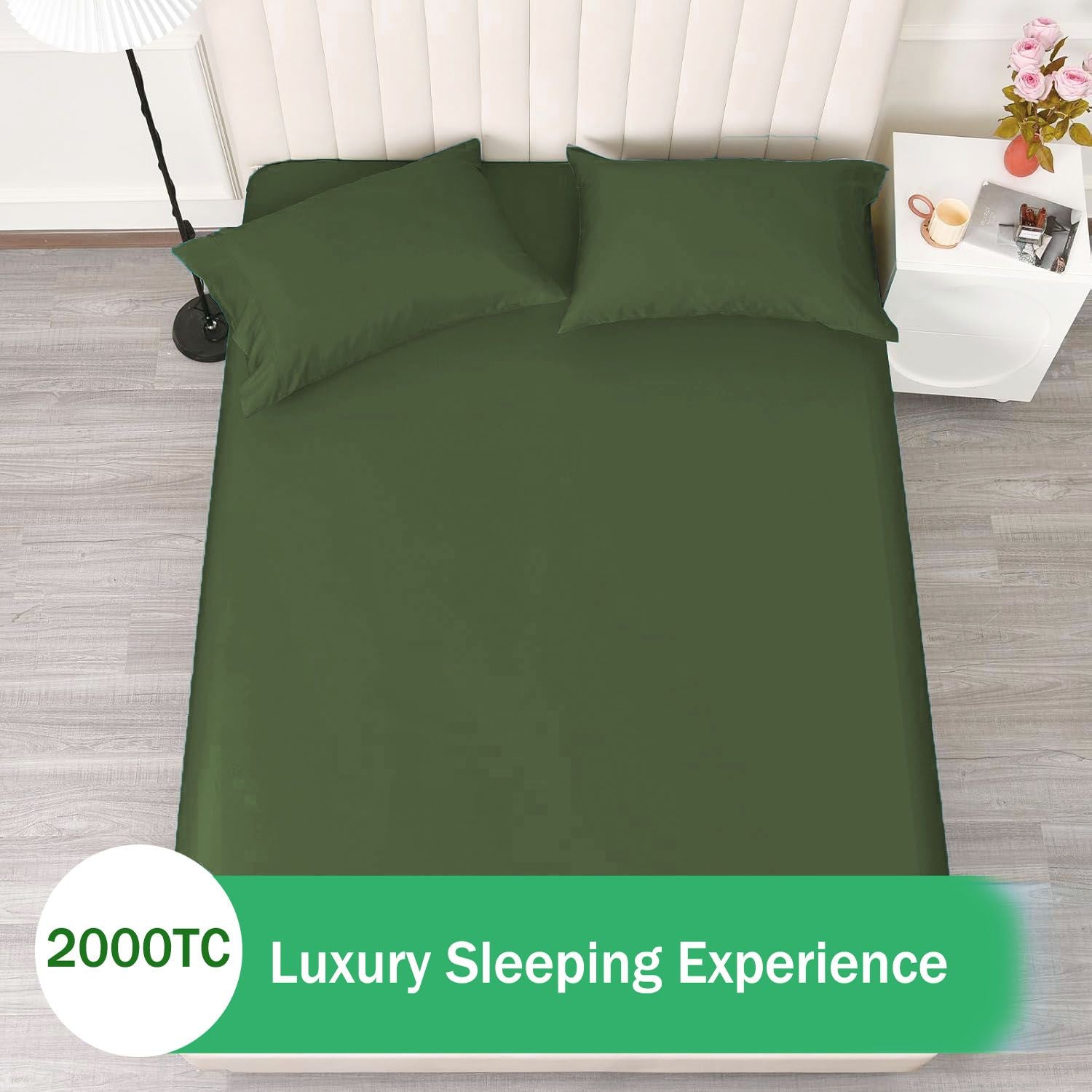 3 Piece Fitted Sheet Set- Fitted Sheet & Pillowcases -Breathable Bedding - Wrinkle, Fade, Stain Resistant- 40cm Deep Pocket Fitted Bed Sheet Set(Olive green,King)
