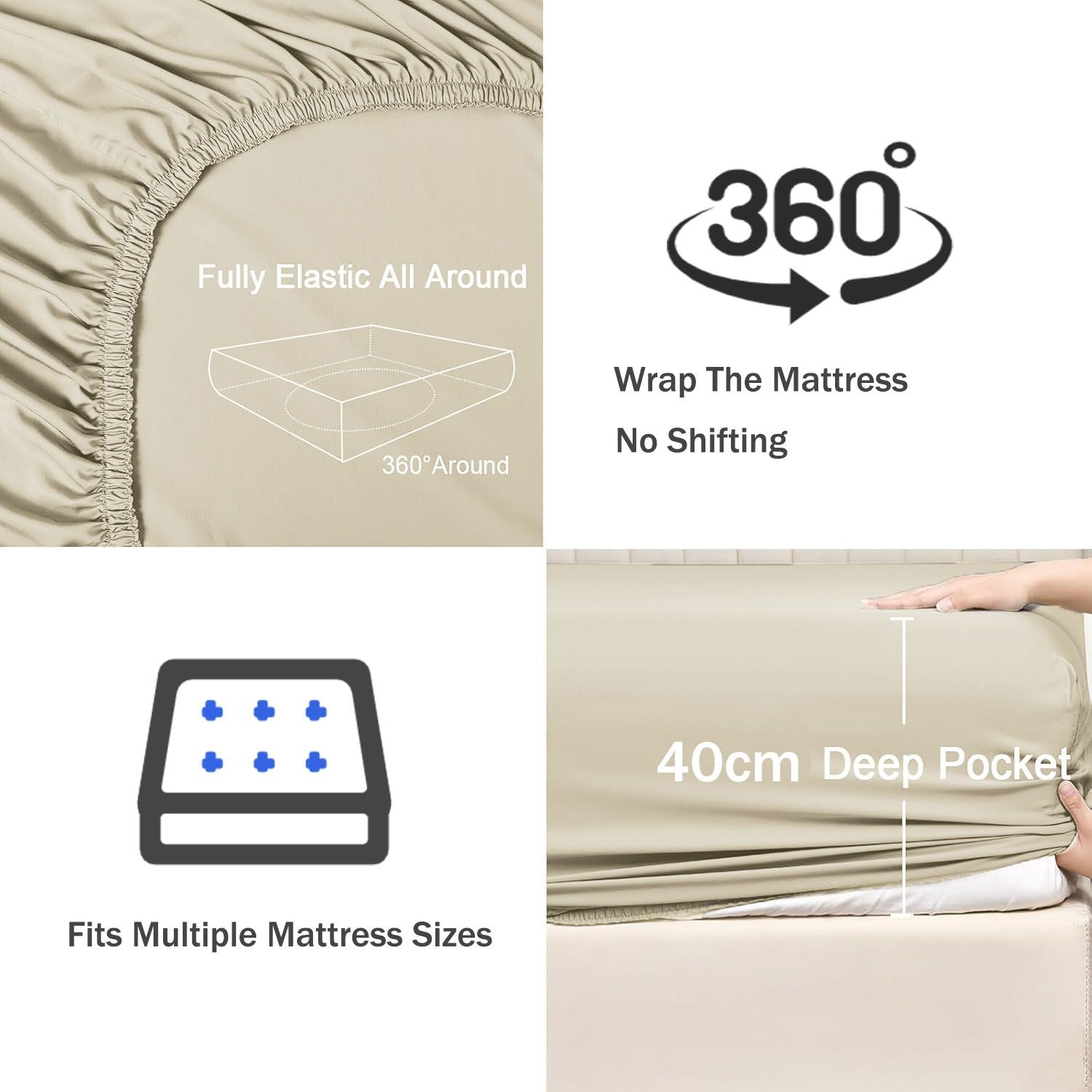 3 Piece Fitted Sheet Set- Fitted Sheet & Pillowcases -Breathable Bedding - Wrinkle, Fade, Stain Resistant- 40cm Deep Pocket Fitted Bed Sheet Set(Camel Beige,King)