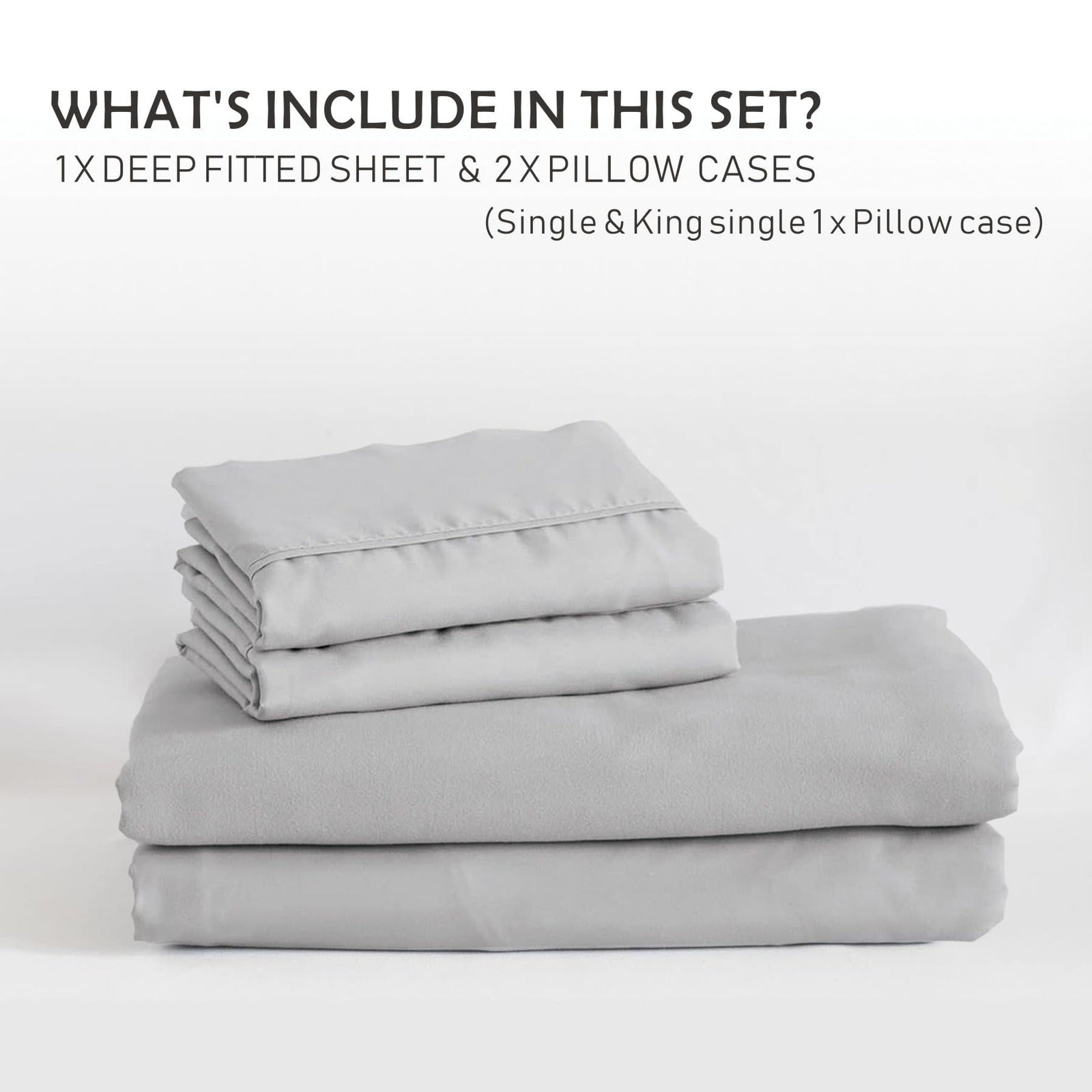 3 Piece Fitted Sheet Set- Fitted Sheet & Pillowcases -Breathable Bedding - Wrinkle, Fade, Stain Resistant- 40cm Deep Pocket Fitted Bed Sheet Set(Silver-gray,King)