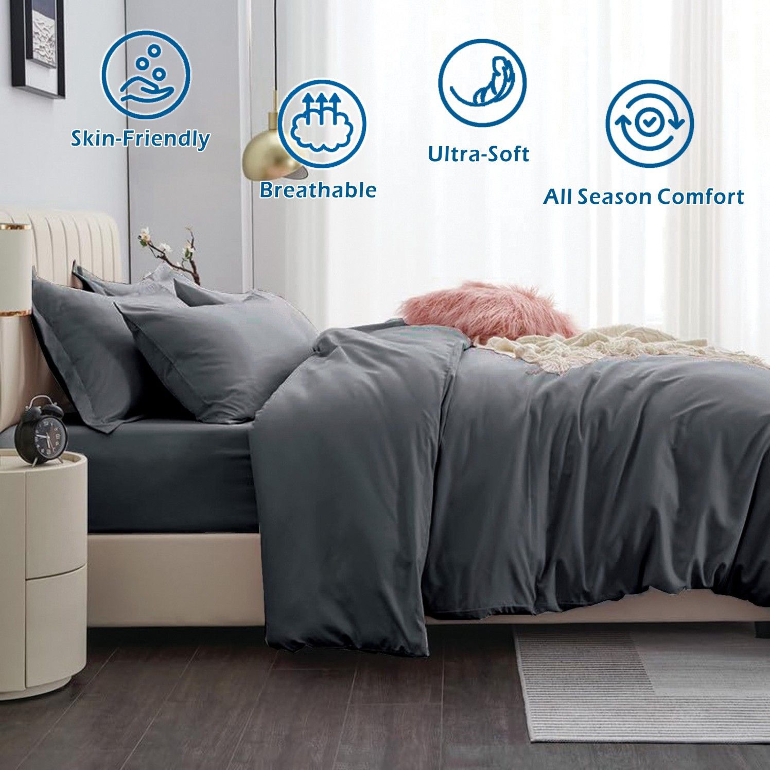 2 Piece Hotel Soft Microfiber Quilt Cover Set-2000TC Duvet/Donna Cover Set & Pillowcases -1 Quilt Cover Zipper Closure & 1 x Pillowcases-Breathable Bedding - Wrinkle, Fade, Stain Resistant(Dark gray,King Single)