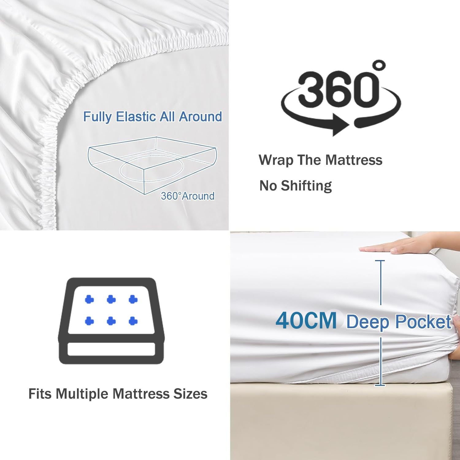 2 Piece Fitted Sheet Set- Fitted Sheet & Pillowcases -Breathable Bedding - Wrinkle, Fade, Stain Resistant- 40cm Deep Pocket Fitted Bed Sheet Set(White,King Single)