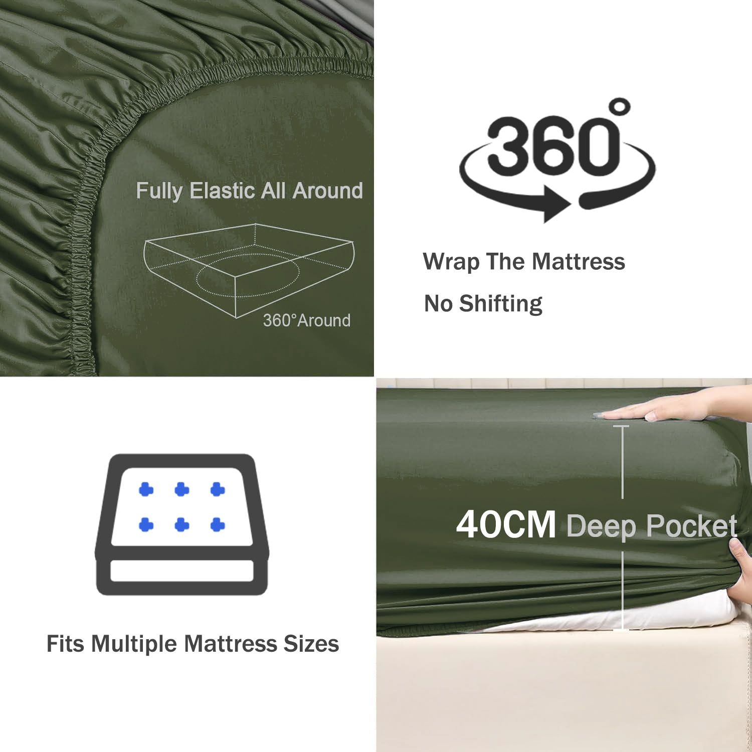 2 Piece Fitted Sheet Set- Fitted Sheet & Pillowcases -Breathable Bedding - Wrinkle, Fade, Stain Resistant- 40cm Deep Pocket Fitted Bed Sheet Set(Olive green,King Single)