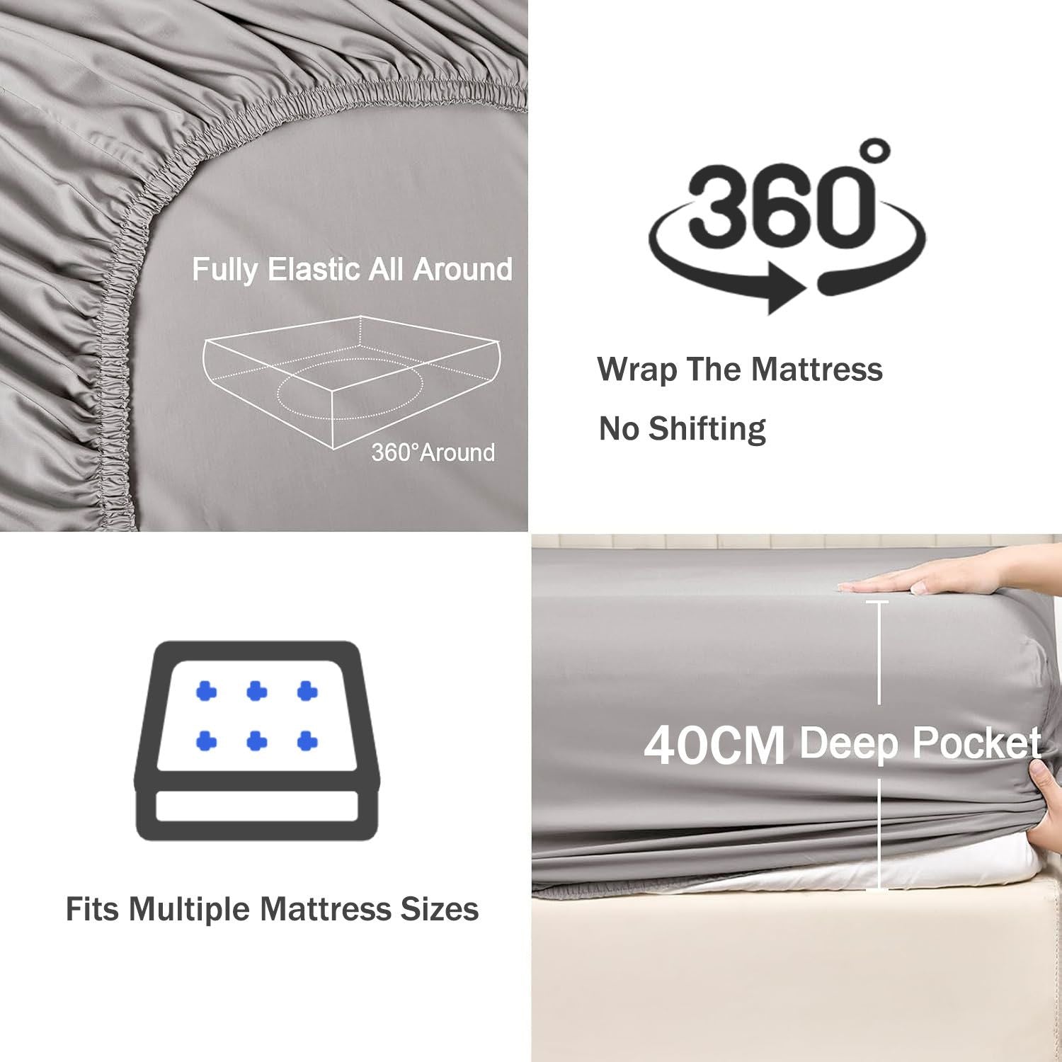 2 Piece Fitted Sheet Set- Fitted Sheet & Pillowcases -Breathable Bedding - Wrinkle, Fade, Stain Resistant- 40cm Deep Pocket Fitted Bed Sheet Set(Silver-gray,King Single)