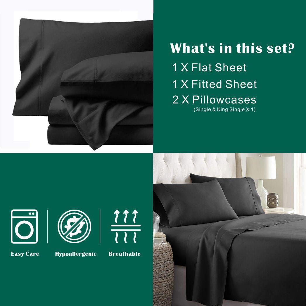 3 Piece Bed Sheet Set- Bedding Sheets & Pillowcases -Breathable Bedding - Wrinkle, Fade, Stain Resistant-Deep Pocket Flat Fitted Bed Sheet Set(Black,King Single)