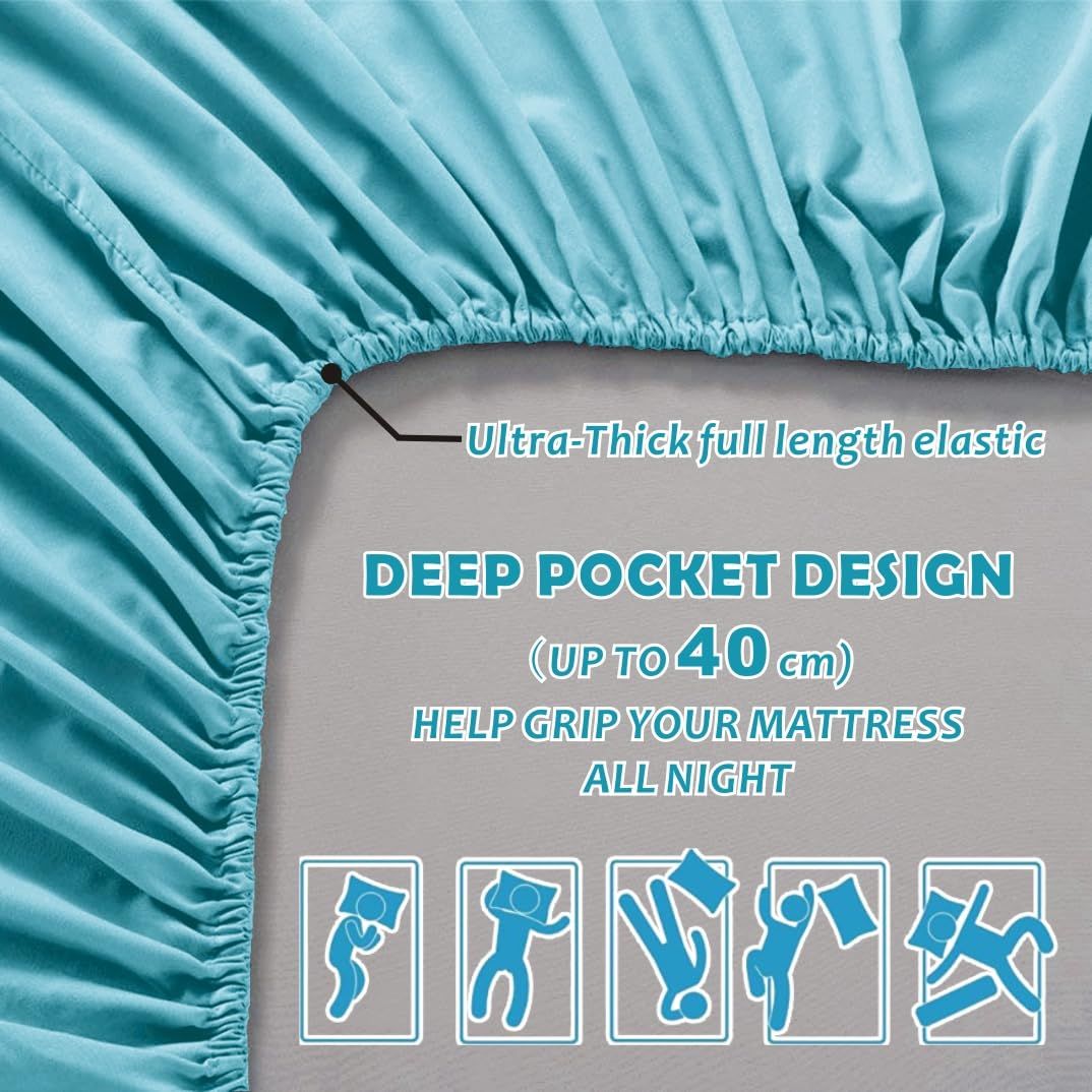 Hotel Quality Fitted Sheet - 1 Piece Fitted Sheet  -Breathable Bedding - Wrinkle, Fade, Stain Resistant- 16inch/40cm Deep Pocket Fitted Bed Sheet-Wrinkle and Fade Resistant,(Ice blue,King Single)