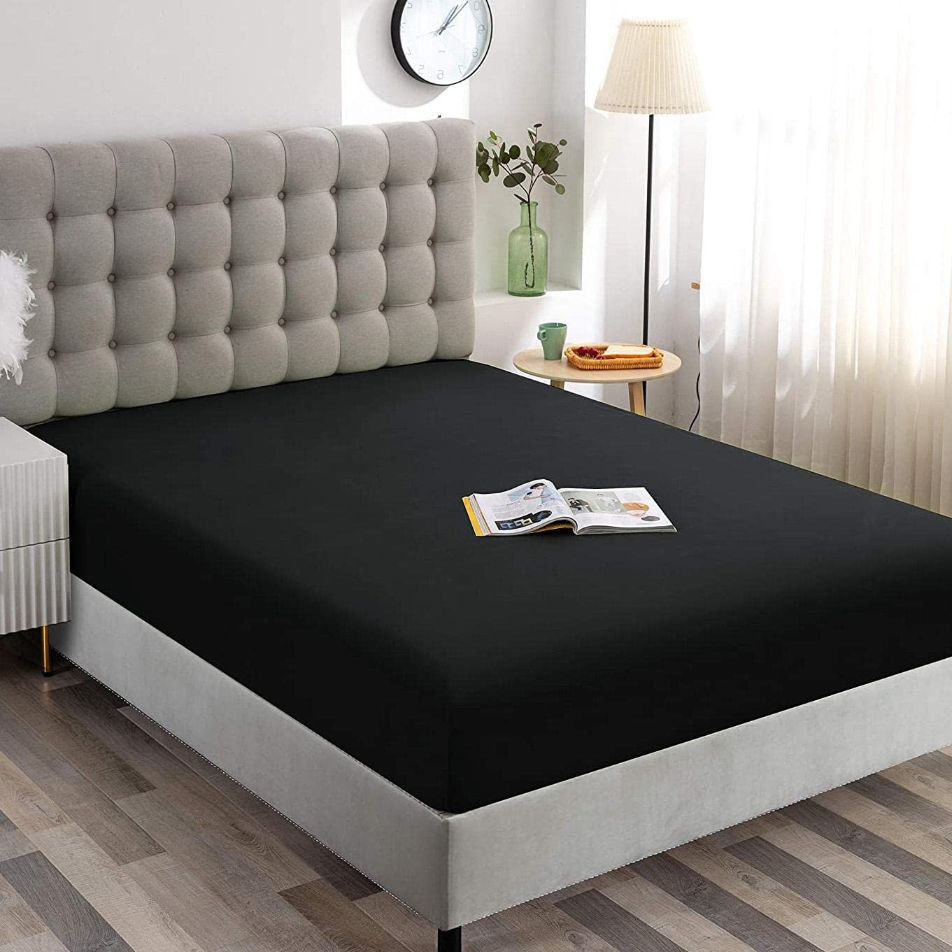 Hotel Quality Fitted Sheet - 1 Piece Fitted Sheet  -Breathable Bedding - Wrinkle, Fade, Stain Resistant- 16inch/40cm Deep Pocket Fitted Bed Sheet-Wrinkle and Fade Resistant,(Black,King Single)