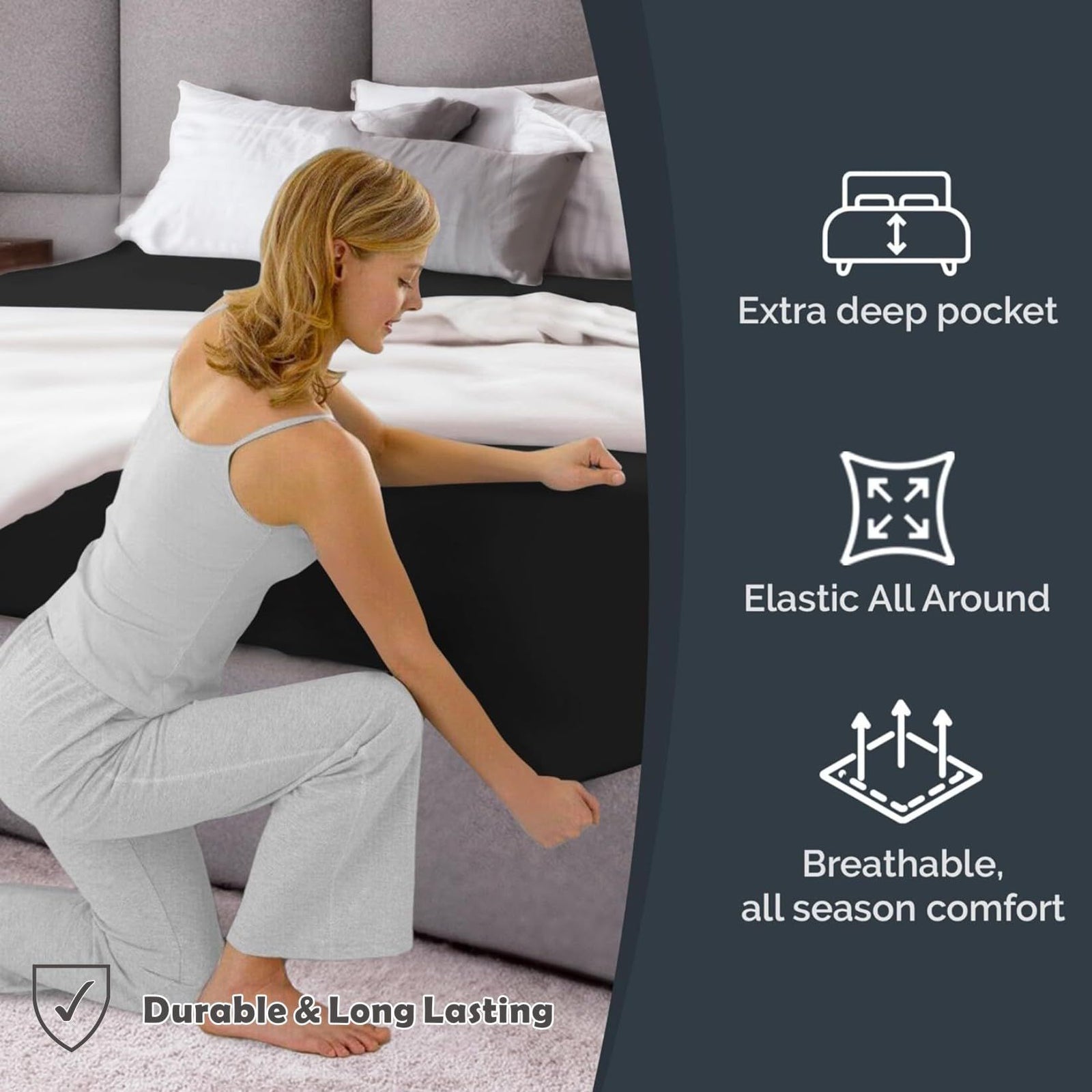 Hotel Quality Fitted Sheet - 1 Piece Fitted Sheet  -Breathable Bedding - Wrinkle, Fade, Stain Resistant- 16inch/40cm Deep Pocket Fitted Bed Sheet-Wrinkle and Fade Resistant,(Black,King Single)
