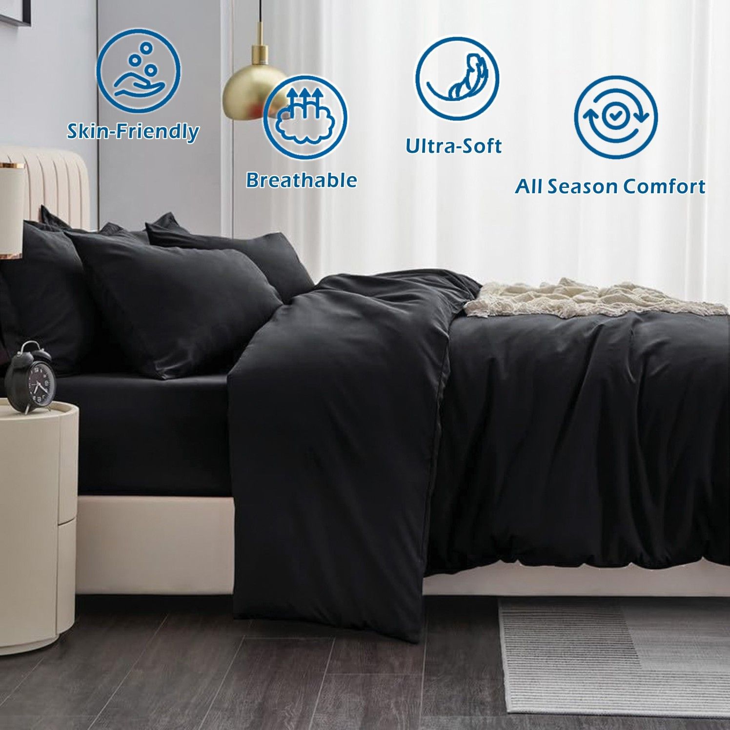 3 Piece Hotel Soft Microfiber Quilt Cover Set-2000TC Duvet/Donna Cover Set & Pillowcases -1 Quilt Cover Zipper Closure & 1 x Pillowcases-Breathable Bedding - Wrinkle, Fade, Stain Resistant(Black,Queen)