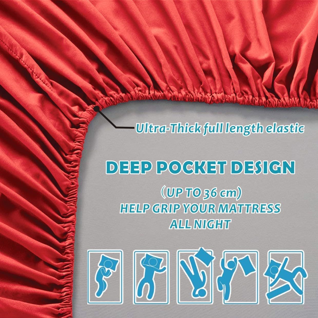 3 Piece Fitted Sheet Set- Fitted Sheet & Pillowcases -Breathable Bedding - Wrinkle, Fade, Stain Resistant- 40cm Deep Pocket Fitted Bed Sheet Set(Red,Queen)