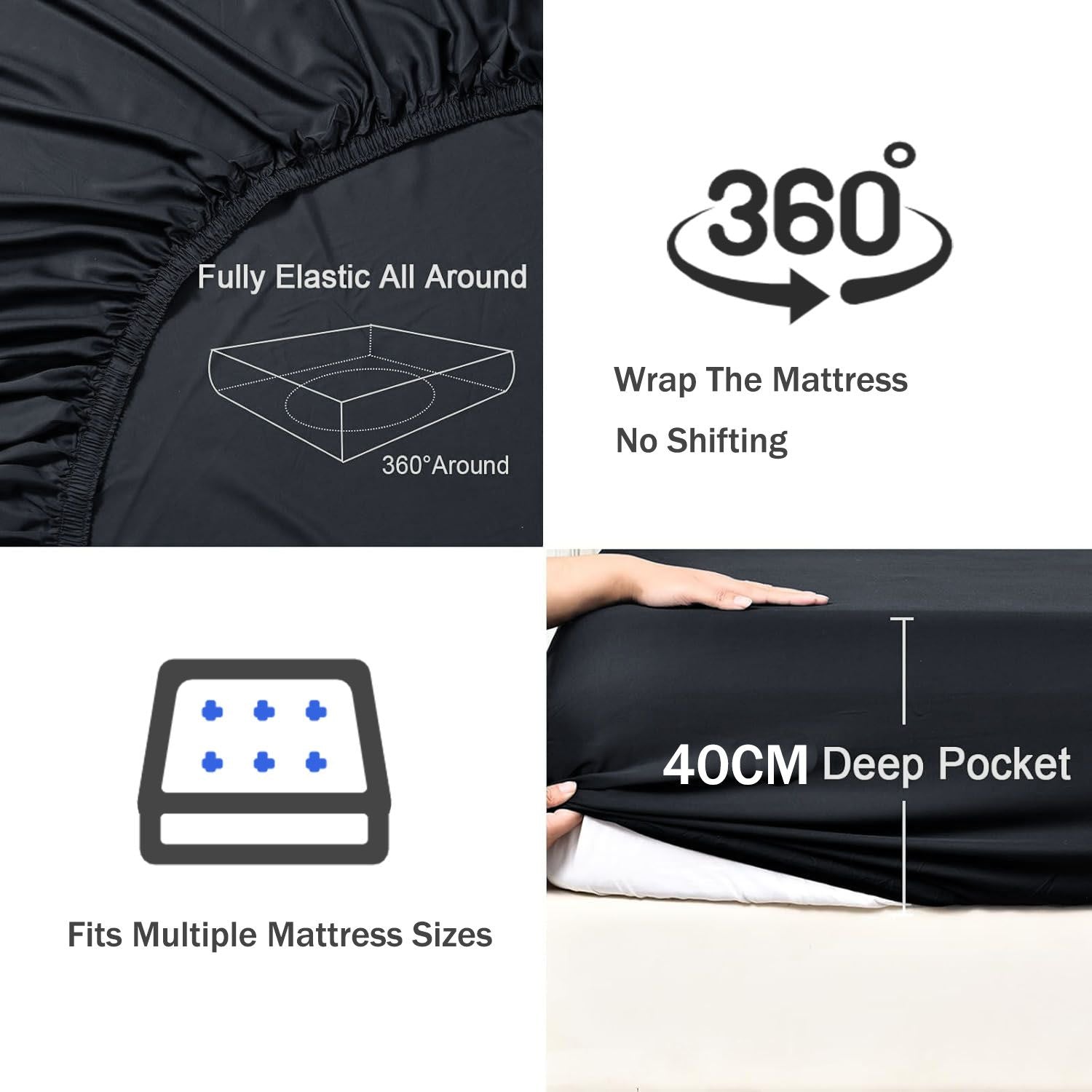 3 Piece Fitted Sheet Set- Fitted Sheet & Pillowcases -Breathable Bedding - Wrinkle, Fade, Stain Resistant- 40cm Deep Pocket Fitted Bed Sheet Set(Black,Queen)