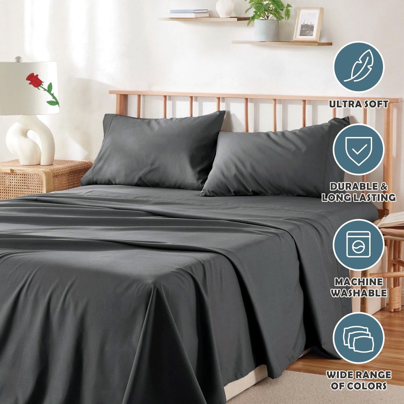 4 Piece Bed Sheet Set- Bedding Sheets & Pillowcases -Breathable Bedding - Wrinkle, Fade, Stain Resistant-Deep Pocket Flat Fitted Bed Sheet Set(Dark gray,Queen)