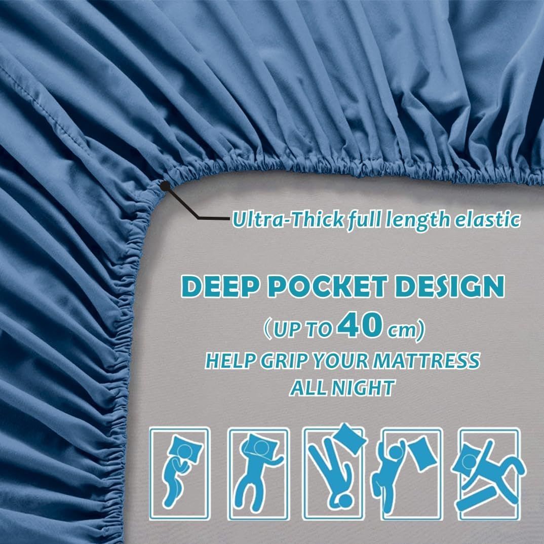Hotel Quality Fitted Sheet - 1 Piece Fitted Sheet  -Breathable Bedding - Wrinkle, Fade, Stain Resistant- 16inch/40cm Deep Pocket Fitted Bed Sheet-Wrinkle and Fade Resistant,(Ocean,Queen)