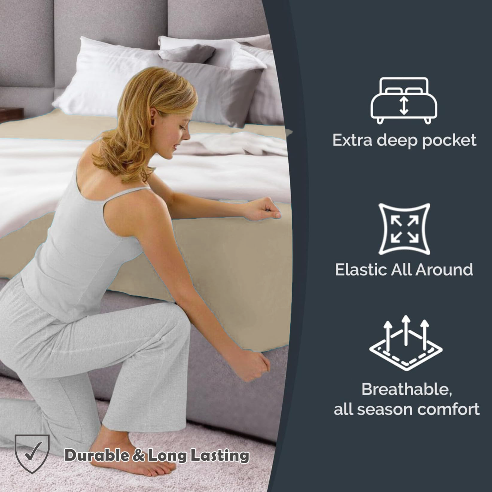 Hotel Quality Fitted Sheet - 1 Piece Fitted Sheet  -Breathable Bedding - Wrinkle, Fade, Stain Resistant- 16inch/40cm Deep Pocket Fitted Bed Sheet-Wrinkle and Fade Resistant,(Cream White,Queen)