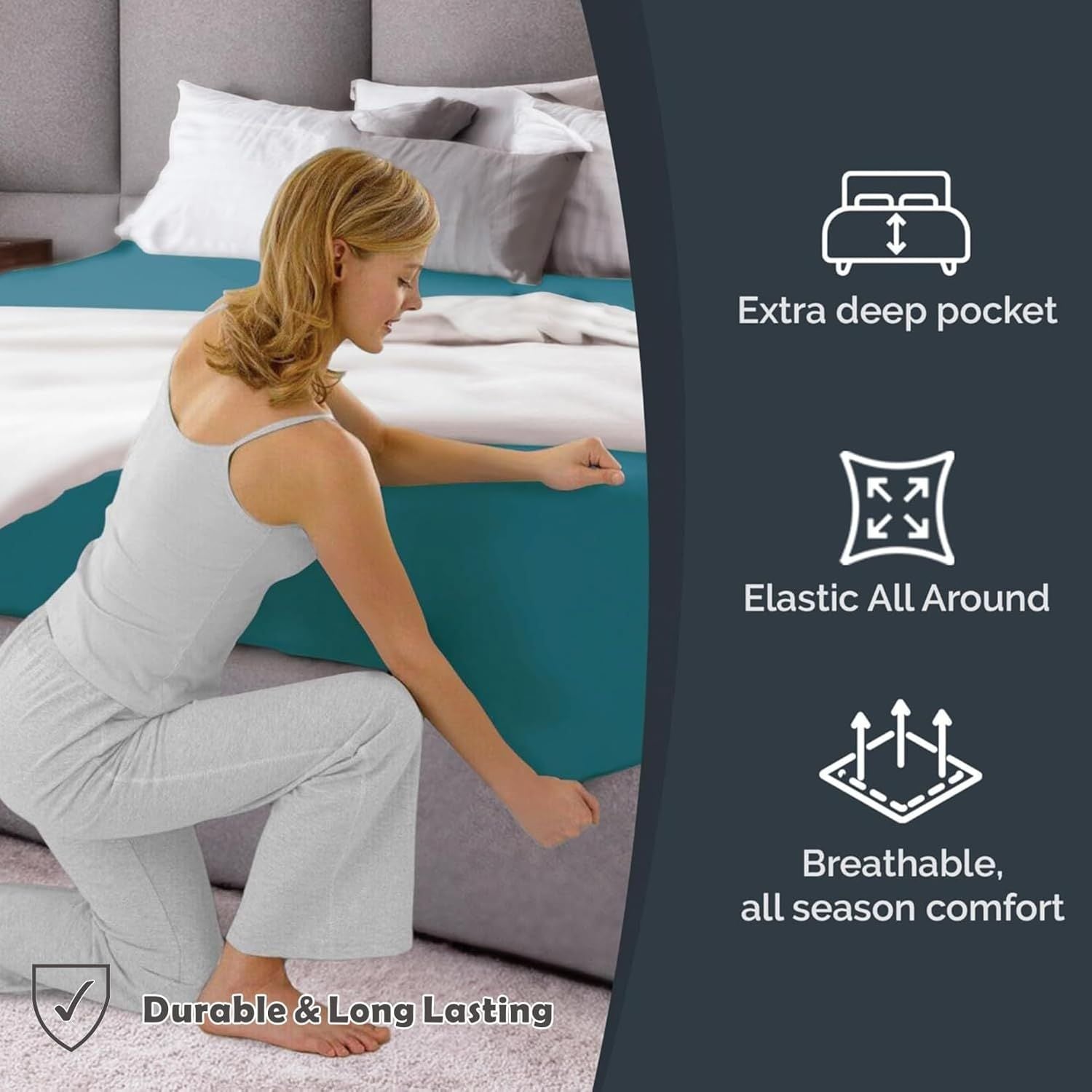 Hotel Quality Fitted Sheet - 1 Piece Fitted Sheet  -Breathable Bedding - Wrinkle, Fade, Stain Resistant- 16inch/40cm Deep Pocket Fitted Bed Sheet-Wrinkle and Fade Resistant,(Biscay blue,Queen)