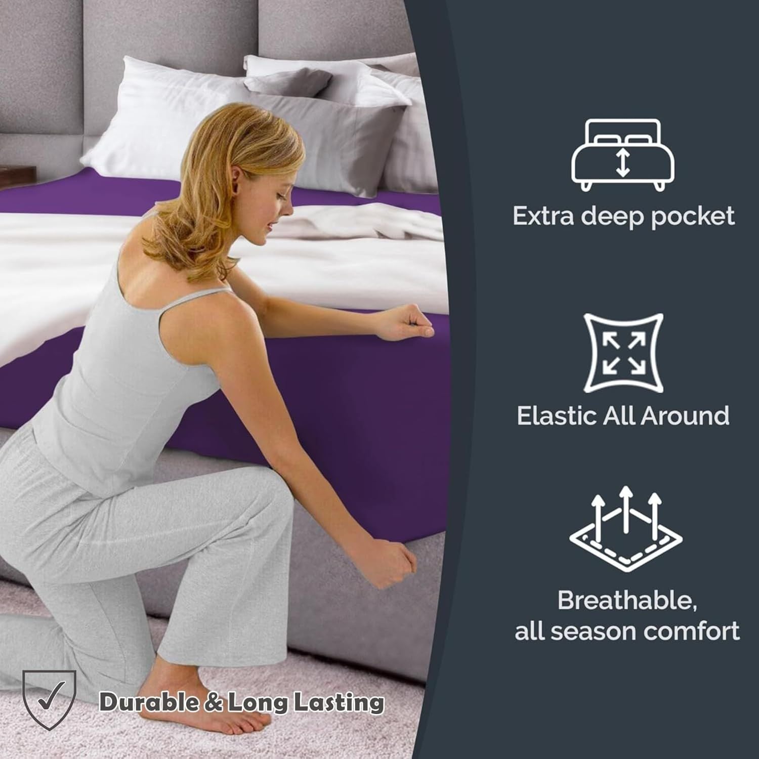 Hotel Quality Fitted Sheet - 1 Piece Fitted Sheet  -Breathable Bedding - Wrinkle, Fade, Stain Resistant- 16inch/40cm Deep Pocket Fitted Bed Sheet-Wrinkle and Fade Resistant,(Purple,Queen)