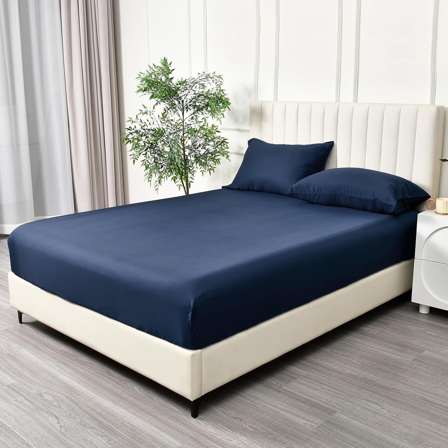 2 Piece Fitted Sheet Set- Fitted Sheet & Pillowcases -Breathable Bedding - Wrinkle, Fade, Stain Resistant- 40cm Deep Pocket Fitted Bed Sheet Set(Navy,Single)
