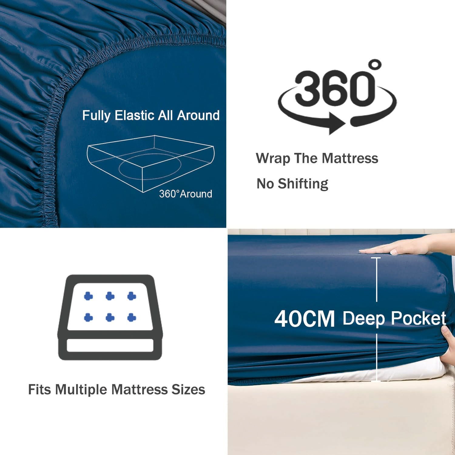 2 Piece Fitted Sheet Set- Fitted Sheet & Pillowcases -Breathable Bedding - Wrinkle, Fade, Stain Resistant- 40cm Deep Pocket Fitted Bed Sheet Set(Navy,Single)