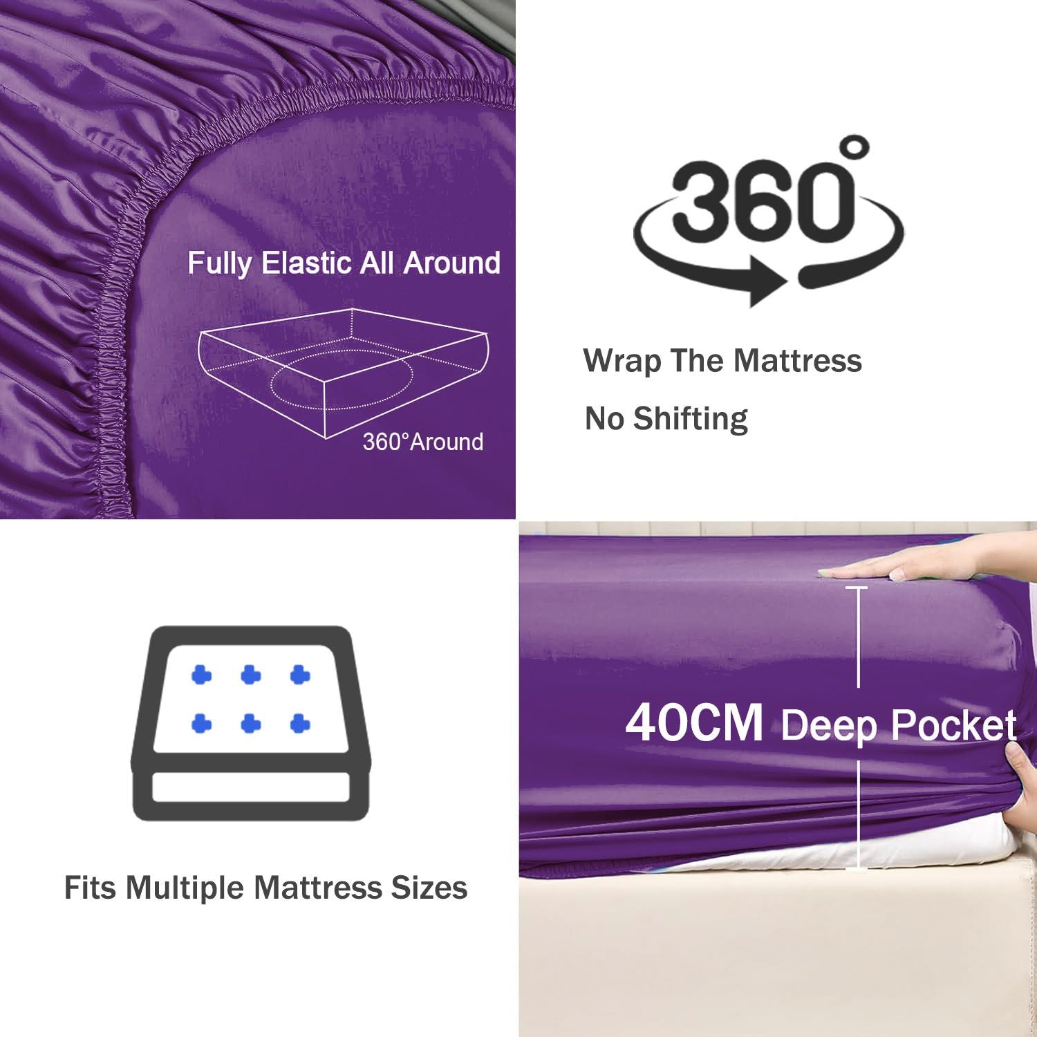 2 Piece Fitted Sheet Set- Fitted Sheet & Pillowcases -Breathable Bedding - Wrinkle, Fade, Stain Resistant- 40cm Deep Pocket Fitted Bed Sheet Set(Purple,Single)