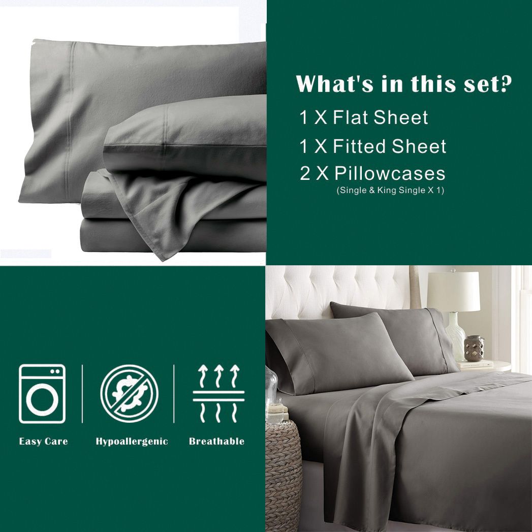 3 Piece Bed Sheet Set- Bedding Sheets & Pillowcases -Breathable Bedding - Wrinkle, Fade, Stain Resistant-Deep Pocket Flat Fitted Bed Sheet Set(Grey,Single)
