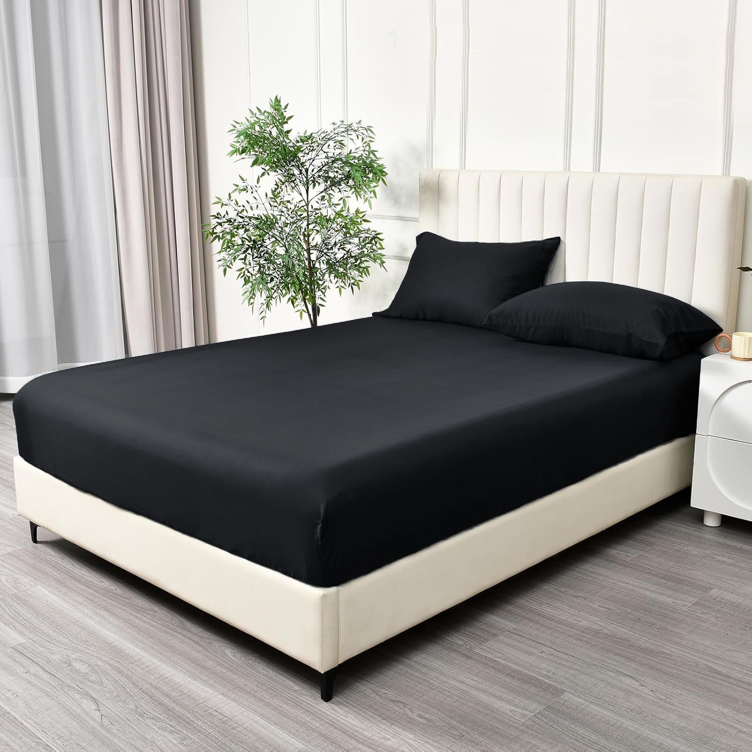 3 Piece Fitted Sheet Set- Fitted Sheet & Pillowcases -Breathable Bedding - Wrinkle, Fade, Stain Resistant- 40cm Deep Pocket Fitted Bed Sheet Set(Black,Super King)