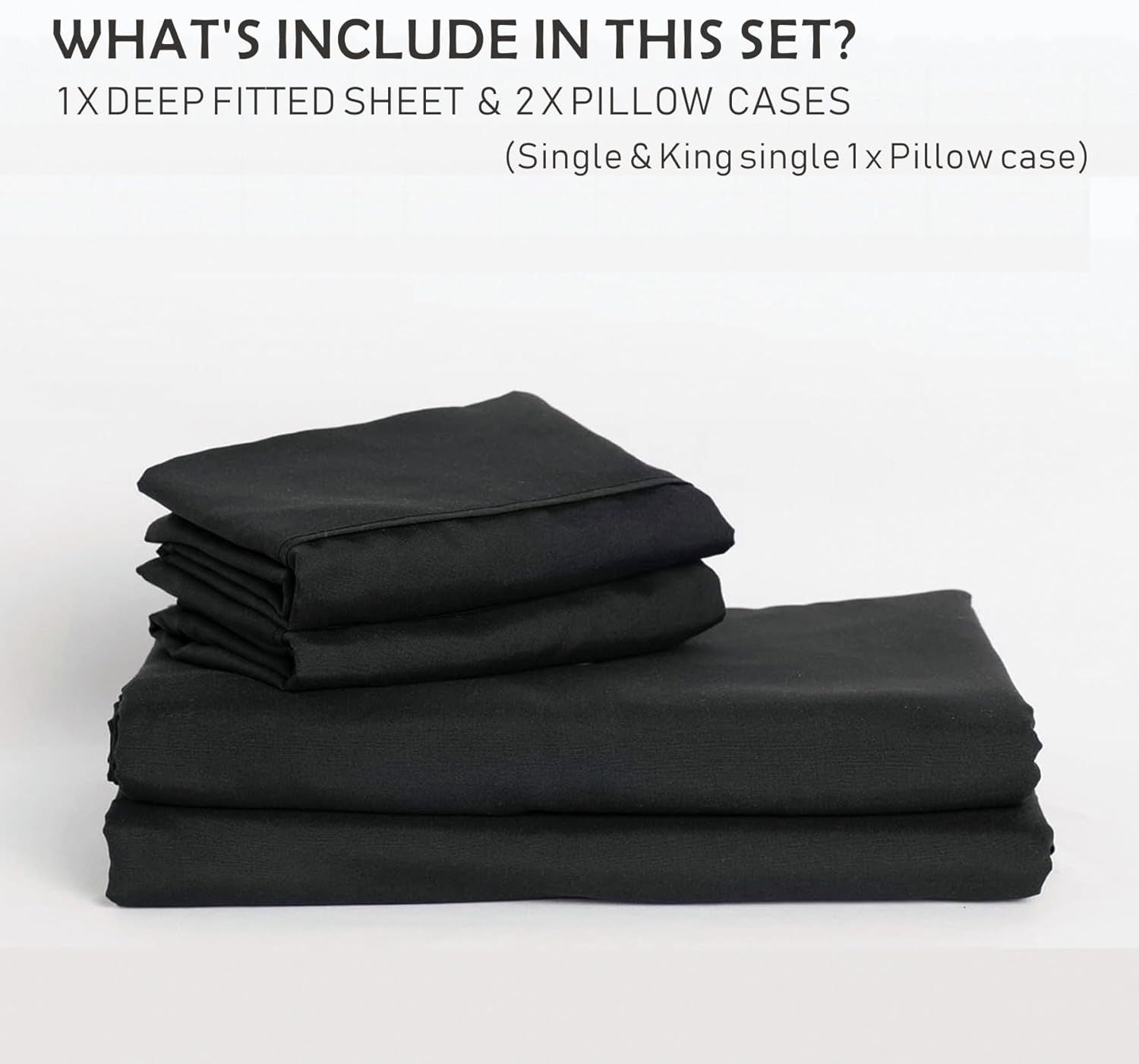 3 Piece Fitted Sheet Set- Fitted Sheet & Pillowcases -Breathable Bedding - Wrinkle, Fade, Stain Resistant- 40cm Deep Pocket Fitted Bed Sheet Set(Black,Super King)