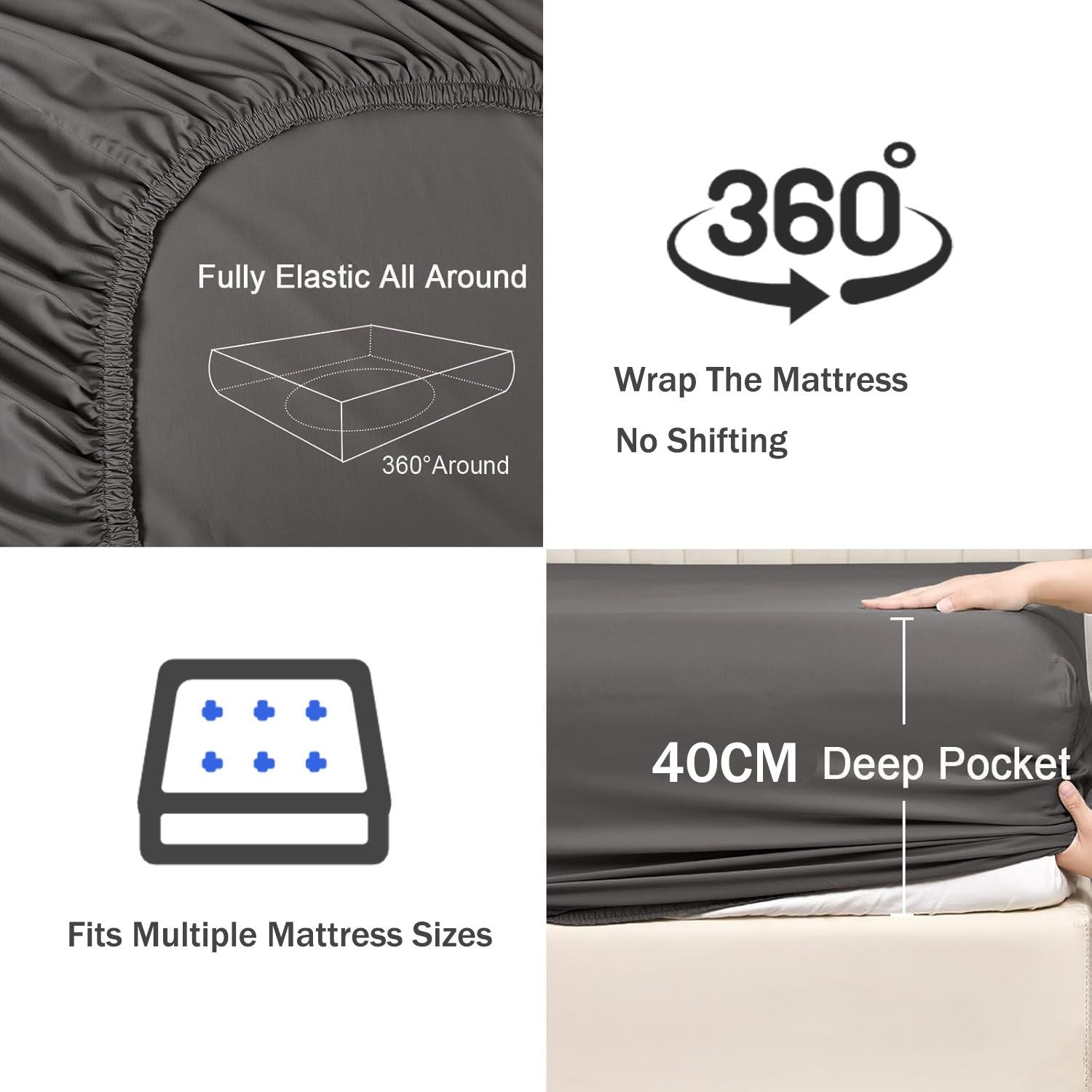 3 Piece Fitted Sheet Set- Fitted Sheet & Pillowcases -Breathable Bedding - Wrinkle, Fade, Stain Resistant- 40cm Deep Pocket Fitted Bed Sheet Set(Dark gray,Super King)