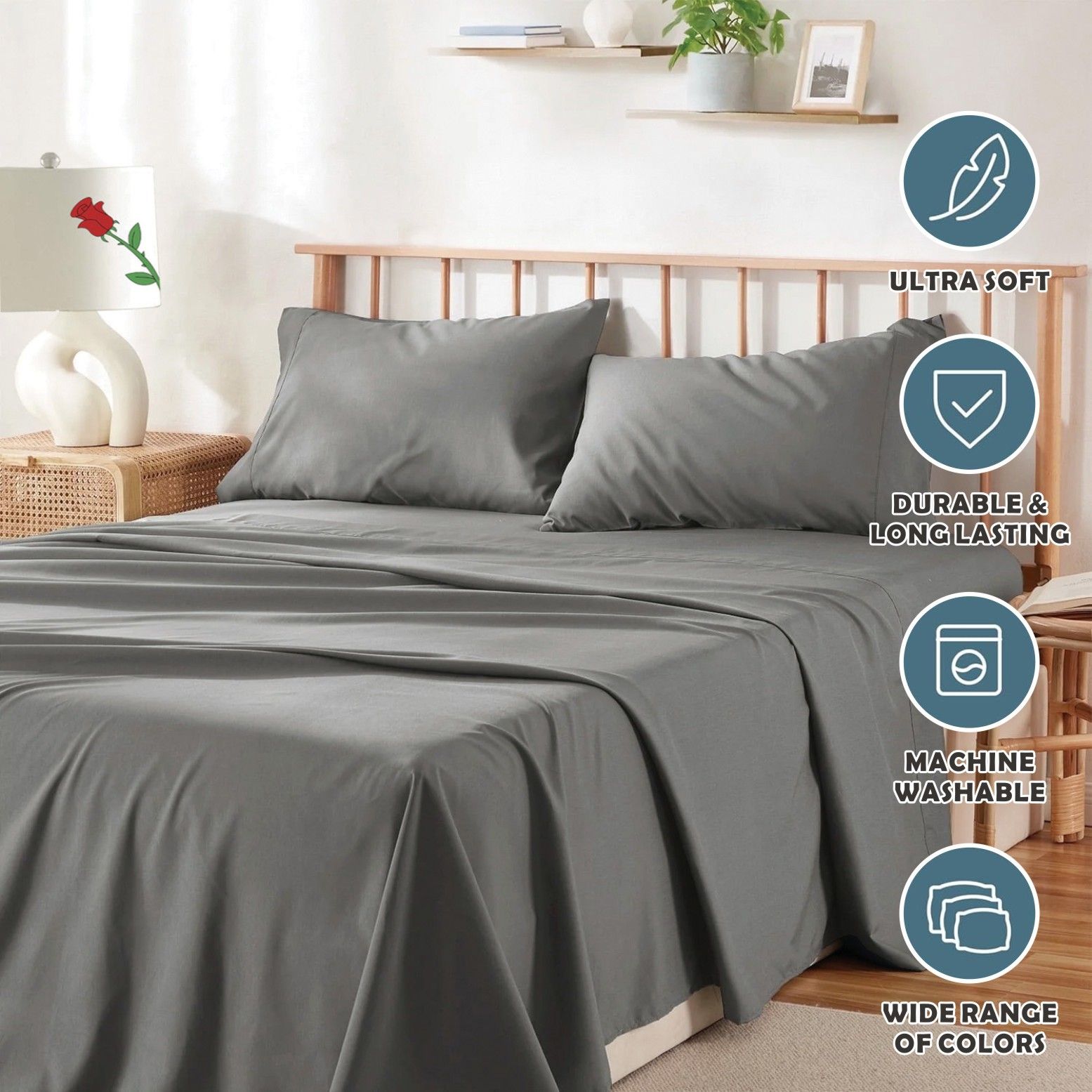 4 Piece Bed Sheet Set- Bedding Sheets & Pillowcases -Breathable Bedding - Wrinkle, Fade, Stain Resistant-Deep Pocket Flat Fitted Bed Sheet Set(Grey,Super King)