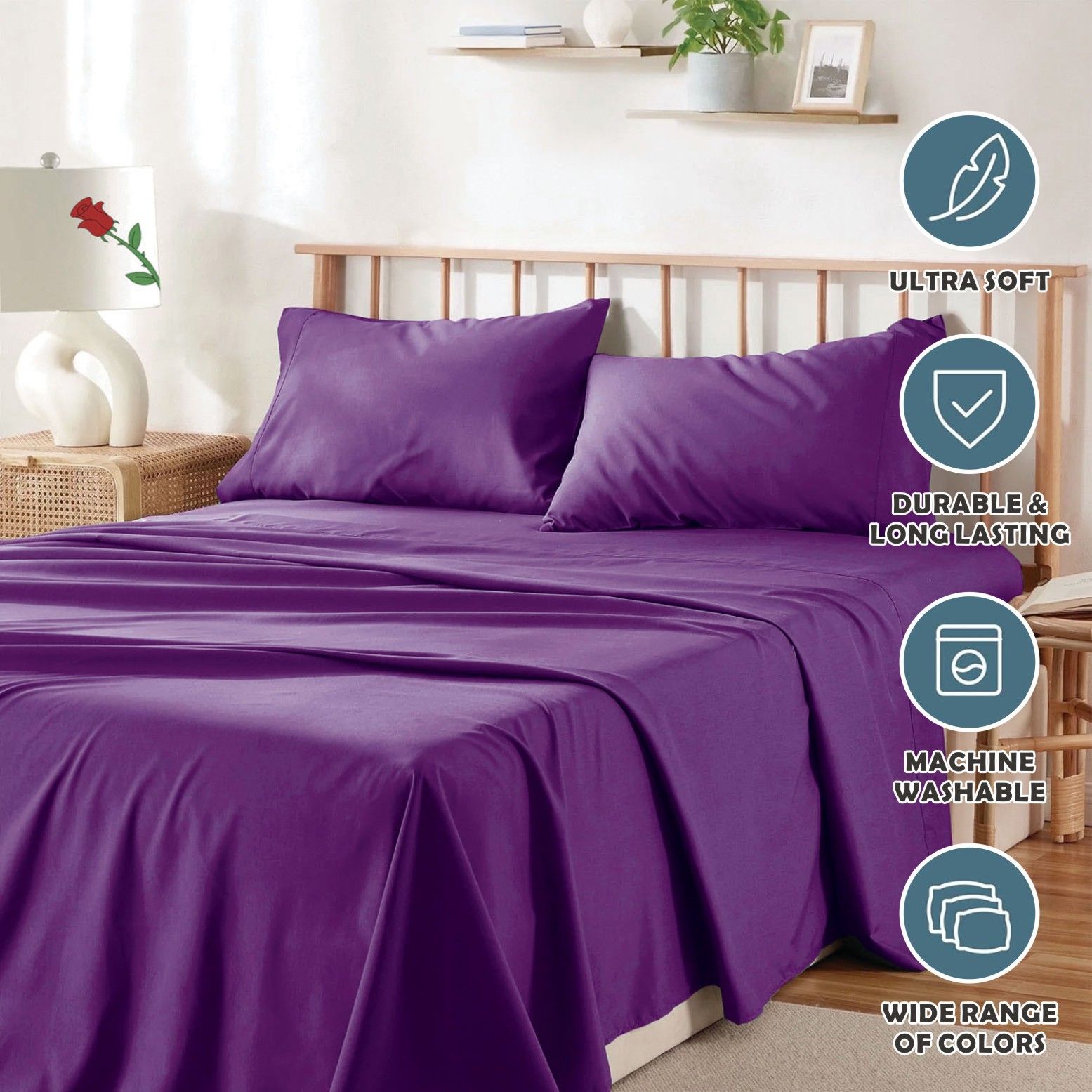 4 Piece Bed Sheet Set- Bedding Sheets & Pillowcases -Breathable Bedding - Wrinkle, Fade, Stain Resistant-Deep Pocket Flat Fitted Bed Sheet Set(Purple,Super King)