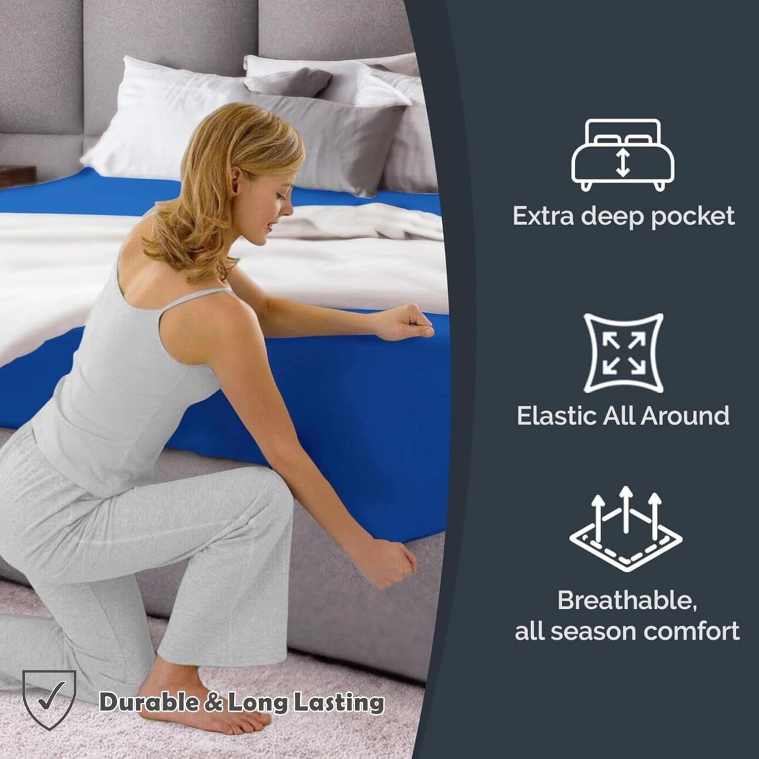 Hotel Quality Fitted Sheet - 1 Piece Fitted Sheet  -Breathable Bedding - Wrinkle, Fade, Stain Resistant- 16inch/40cm Deep Pocket Fitted Bed Sheet-Wrinkle and Fade Resistant,(Royal blue,Super King)