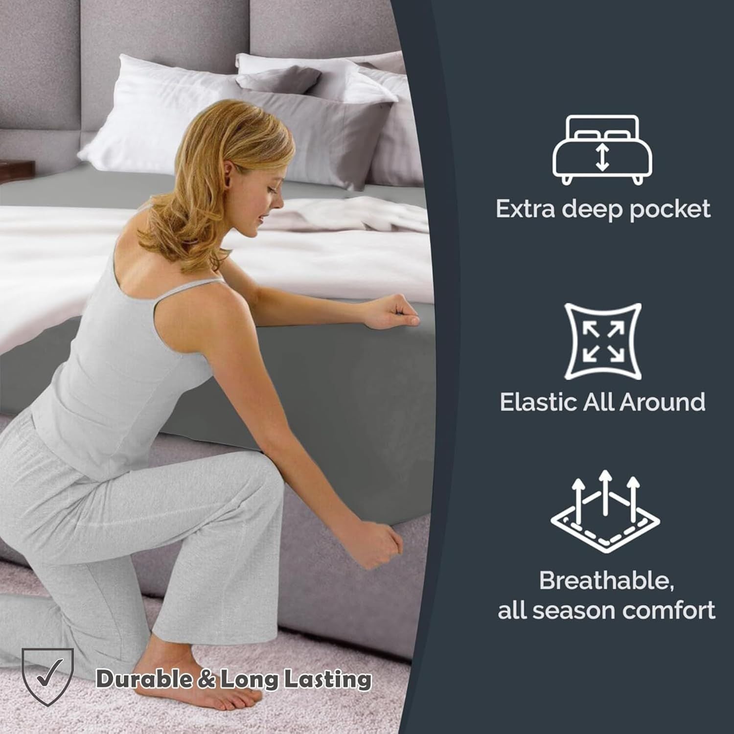Hotel Quality Fitted Sheet - 1 Piece Fitted Sheet  -Breathable Bedding - Wrinkle, Fade, Stain Resistant- 16inch/40cm Deep Pocket Fitted Bed Sheet-Wrinkle and Fade Resistant,(Grey,Super King)