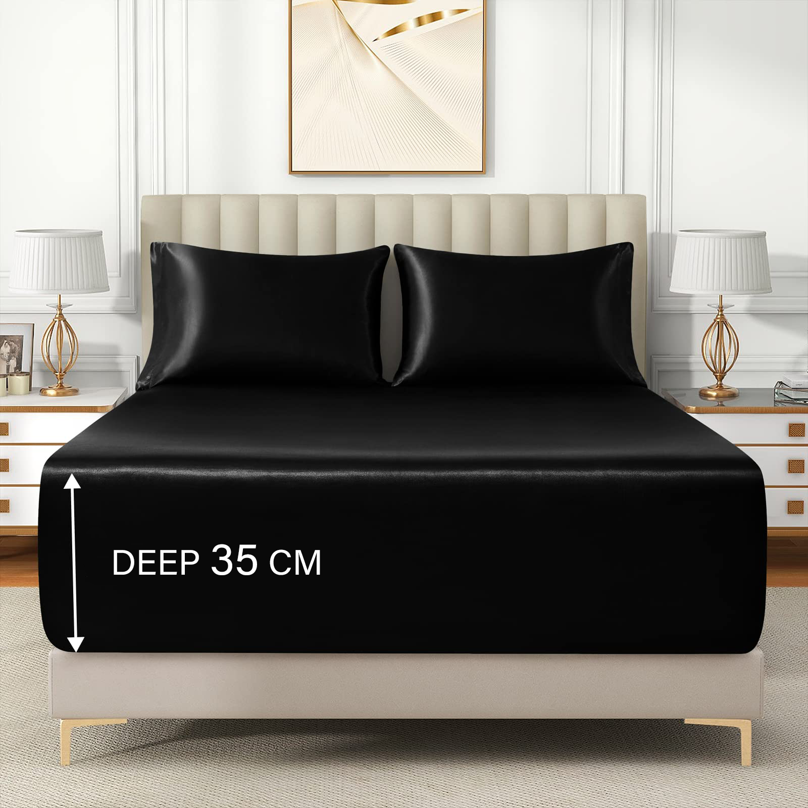Satin Fitted Sheet Set Hotel 3 Pieces Fitted Sheet with Pillowcase, Art Silk Bedding Set-Luxury Soft Silky Sheets for Hair and Skin, Similar to Silk Fitted Sheets Set 3 Pieces(Double,Black)
