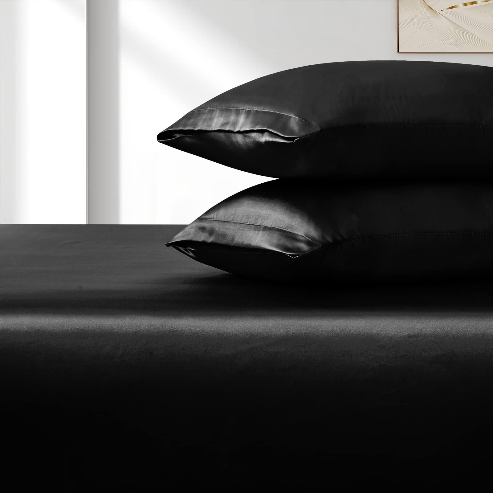 Satin Fitted Sheet Set Hotel 3 Pieces Fitted Sheet with Pillowcase, Art Silk Bedding Set-Luxury Soft Silky Sheets for Hair and Skin, Similar to Silk Fitted Sheets Set 3 Pieces(King,Black)