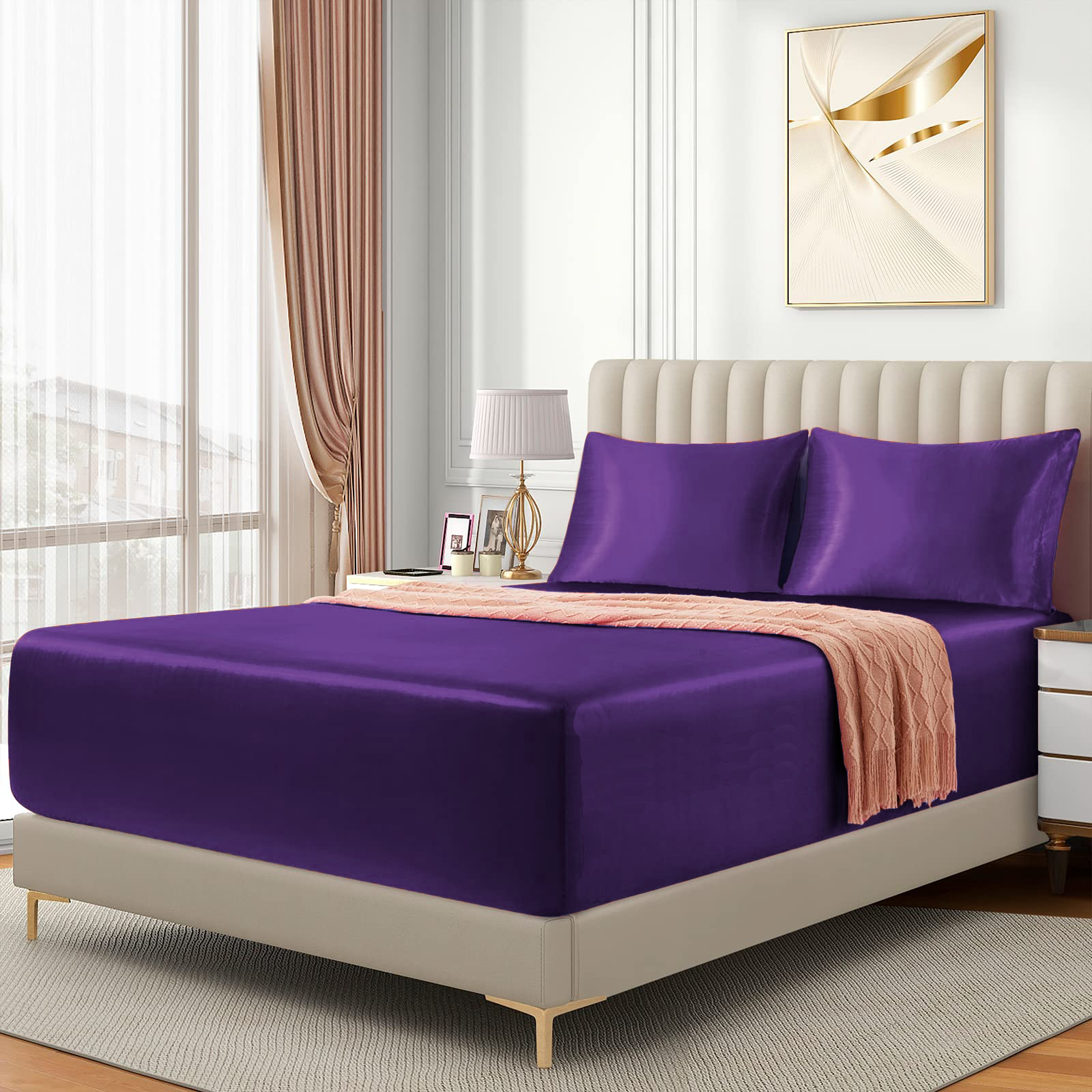 Satin Fitted Sheet Set Hotel 3 Pieces Fitted Sheet with Pillowcase, Art Silk Bedding Set-Luxury Soft Silky Sheets for Hair and Skin, Similar to Silk Fitted Sheets Set 3 Pieces(King,Purple)