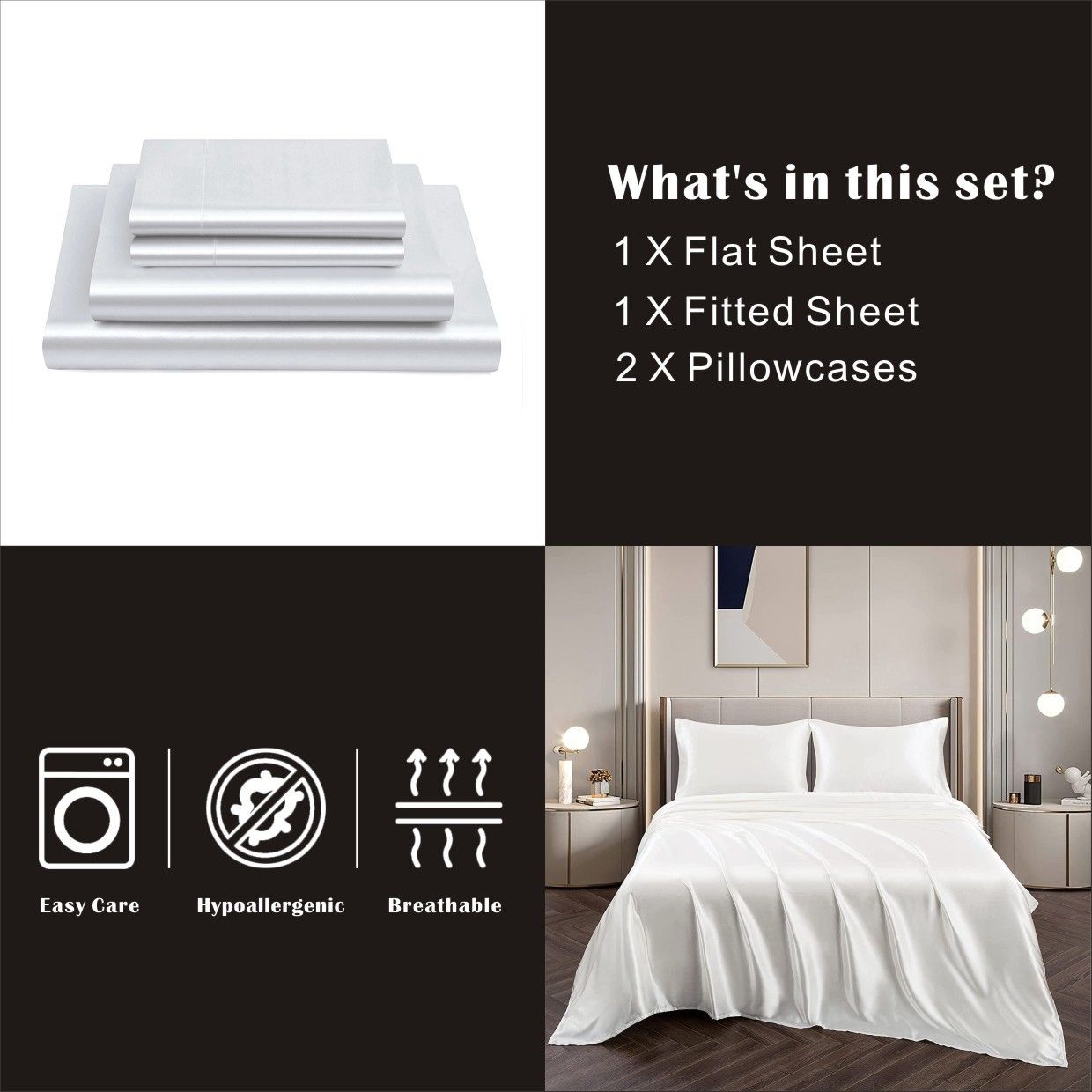 Art Silk Satin Sheet Set Hotel 3 Pieces Fitted/Flat Sheet Bedding Set-Luxury Soft Silky Sheets for Hair and Skin, Similar to Silk Bed Sheets Set 3 Pieces(King Single,White)