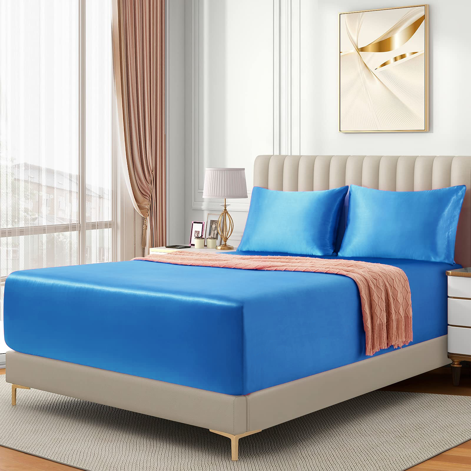 Satin Fitted Sheet Set Hotel 3 Pieces Fitted Sheet with Pillowcase, Art Silk Bedding Set-Luxury Soft Silky Sheets for Hair and Skin, Similar to Silk Fitted Sheets Set 3 Pieces(Queen,Ocean)